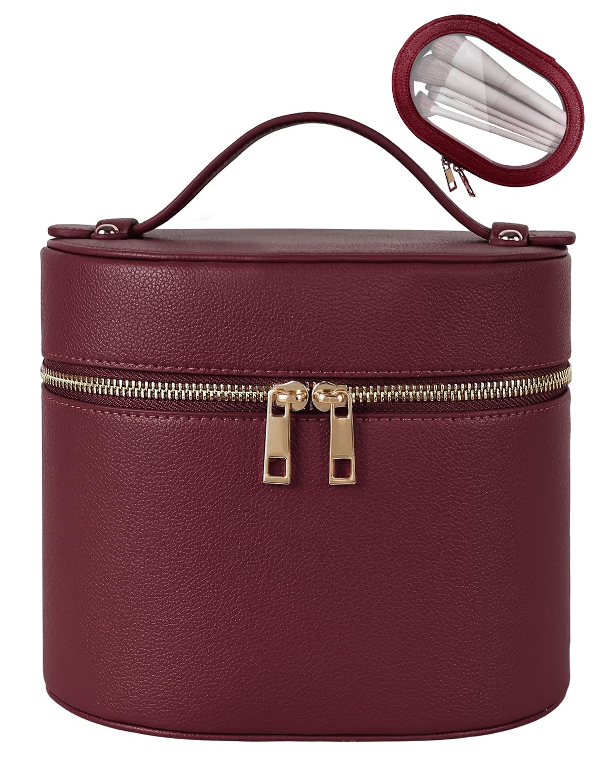 Prite 2 Stück Kosmetiktasche Damen Reise Kosmetikkoffer Hartschale, Rot | Schminktasche,Make Up Tasche,Kulturtasche,Abnehmbare Fächer,Durchsichtige Kleine Beutel,Veganer Leder,Geschenkbox Inklusive