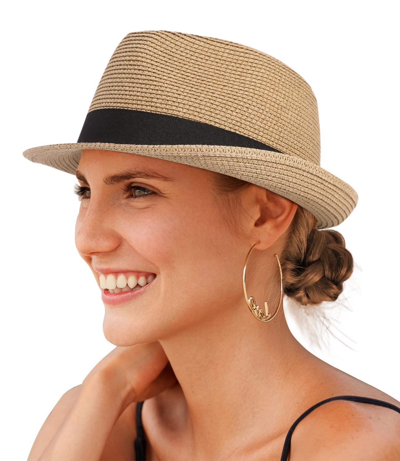 Creekstone Straw Fedora Sun Hat for Women Men Short Brim Panama Trilby Beach Hat Packable Summer Hat UPF 50+ (UK, Alpha, L, Khaki)