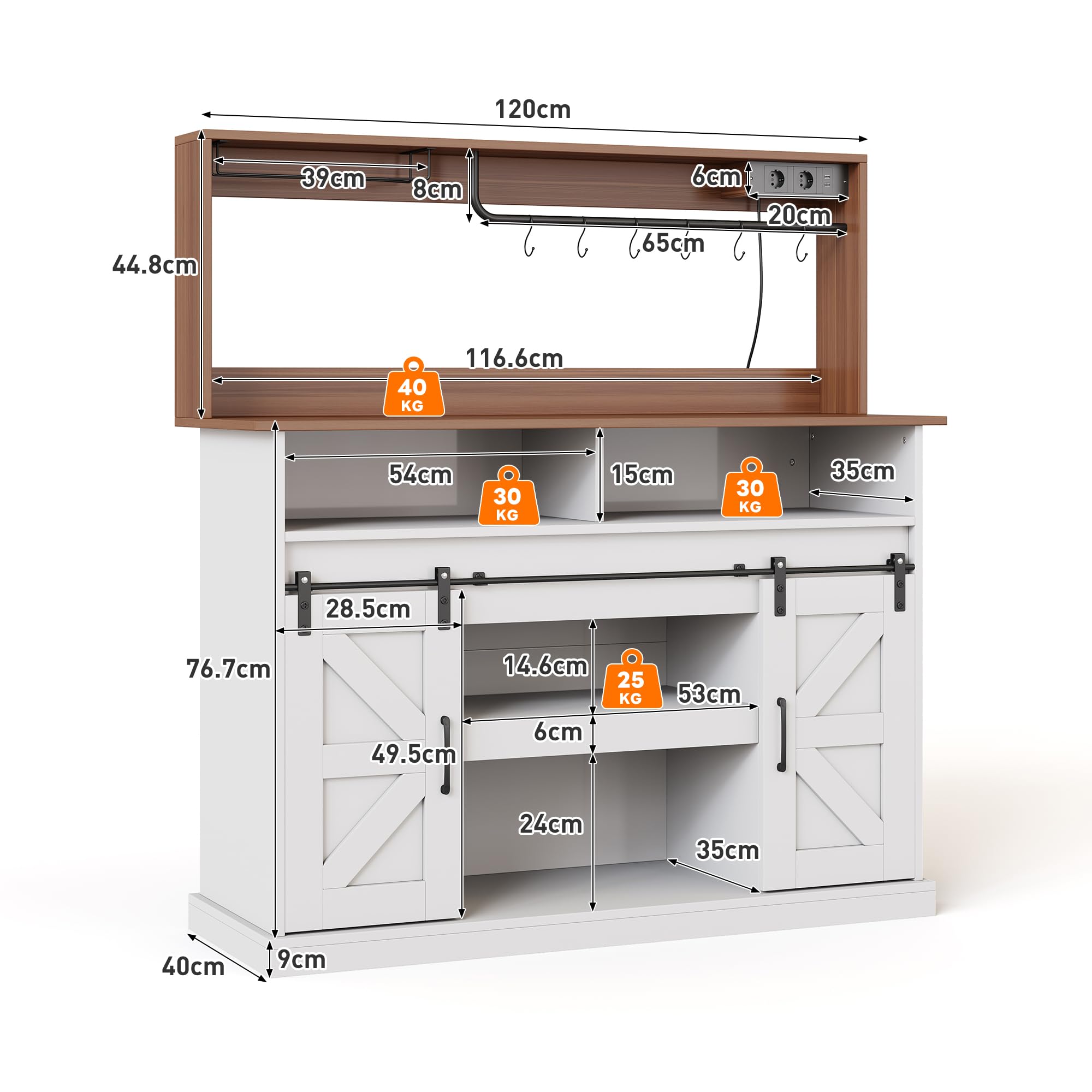 120 cm Lange Kaffeebar mit Gläserhalter und Steckdosen (2×AC, 2×USB), Sideboard mit Stauraum, Sideboard im Landhausstil für Küche/Wohnzimmer mit Schiebetüren