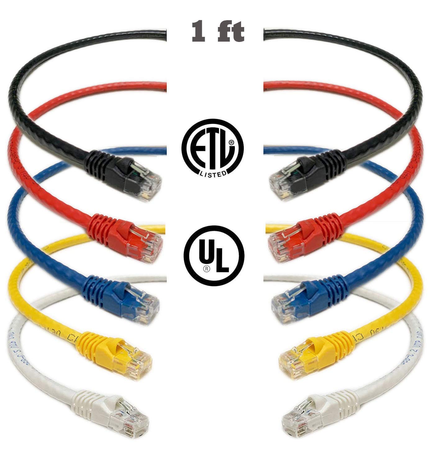 iMBAPrice UL Listed Cat 6 (1 Feet) RJ45 Cat6 Ethernet Patch Cable Multi Color (Red, Blue, Black, White, Yellow)- 5 Pack Internet Cable for PC, Router, Modem, PS4/5, Xbox, Gaming