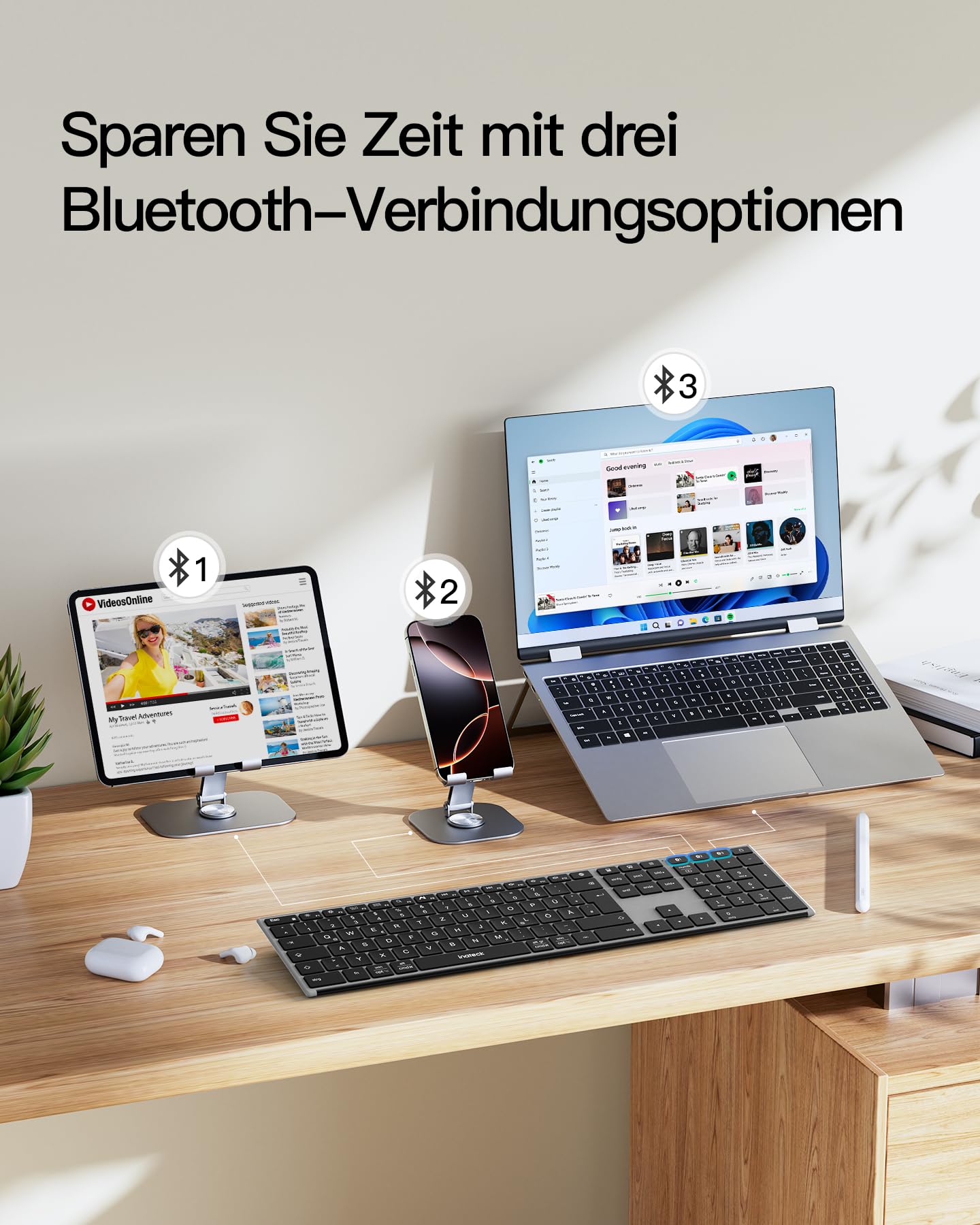 Inateck Tastiera wireless, funzione AI con 3 canali Bluetooth, layout tedesco QWERTZ, tasti silenziosi, compatibile con iPadOS Android, Windows, KB06007