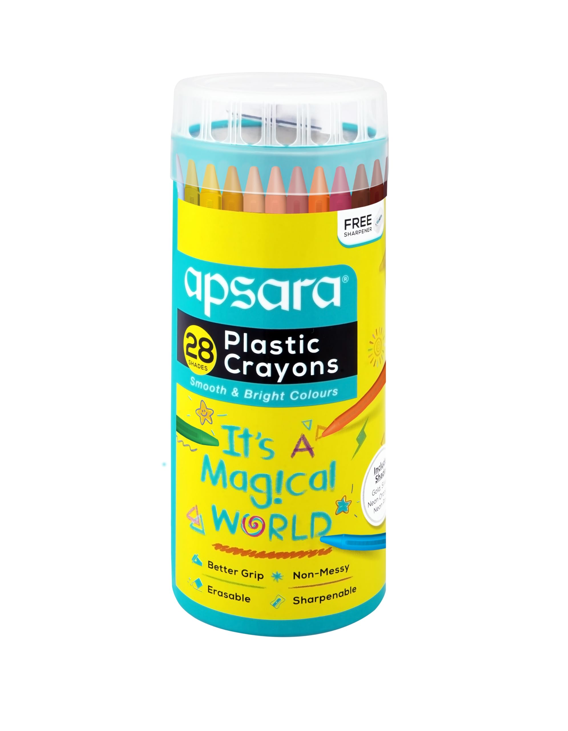 Apsara Plastic Crayons - 28 Shades | Smooth & Bright Colours | Better Grip | Non-messy | Erasable | Sharpenable | Free Sharpner | 1 Pc Pack-image-3