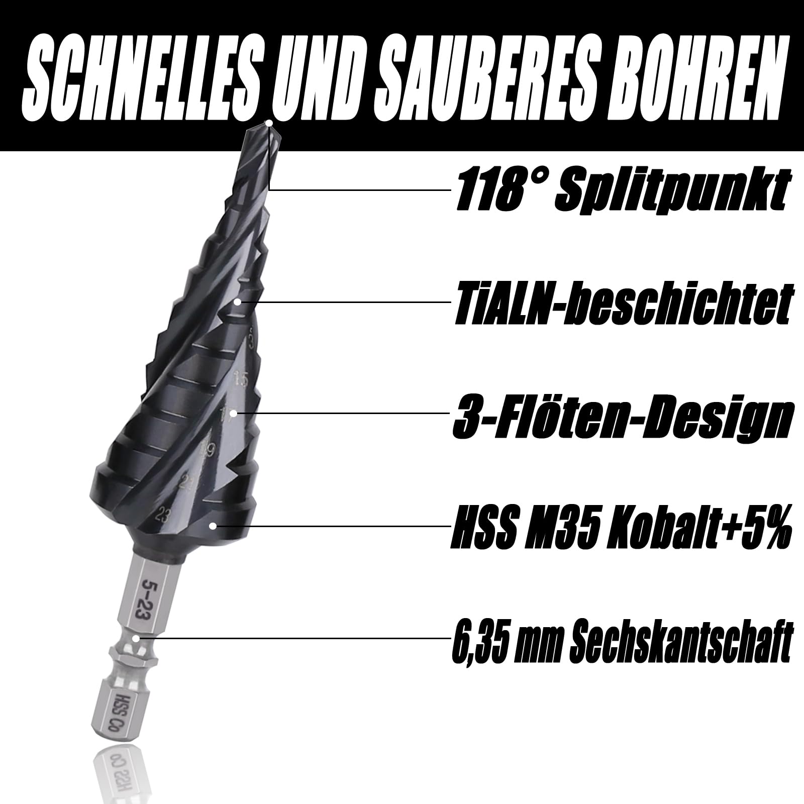 Vearter Trappenboor 4-32 mm, metaal, 15 treden kegelboor, metaalboor, HSS M35 kobalt gatboor, spiraalgroef zeskantige schachtboor voor roestvrij staal, aluminiumplaat, ijzer, kunststof, pvc, hout