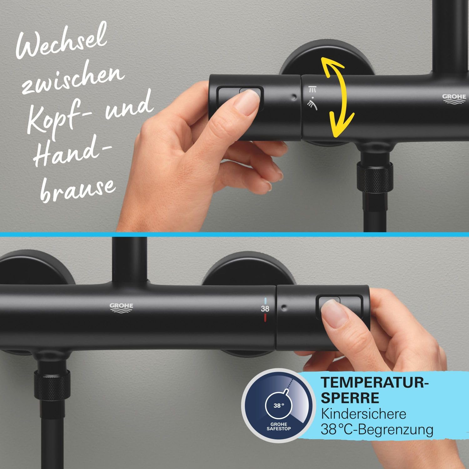 GROHE Vitalio 250, Duschsystem wassersparend 8l pro Min (Regendusche mit Thermostat und schwenkbarem Kopfbrause, Sicherheitssperre bei 38°C, Duschset mit Antikalk-System), rund, schwarz, 266772431