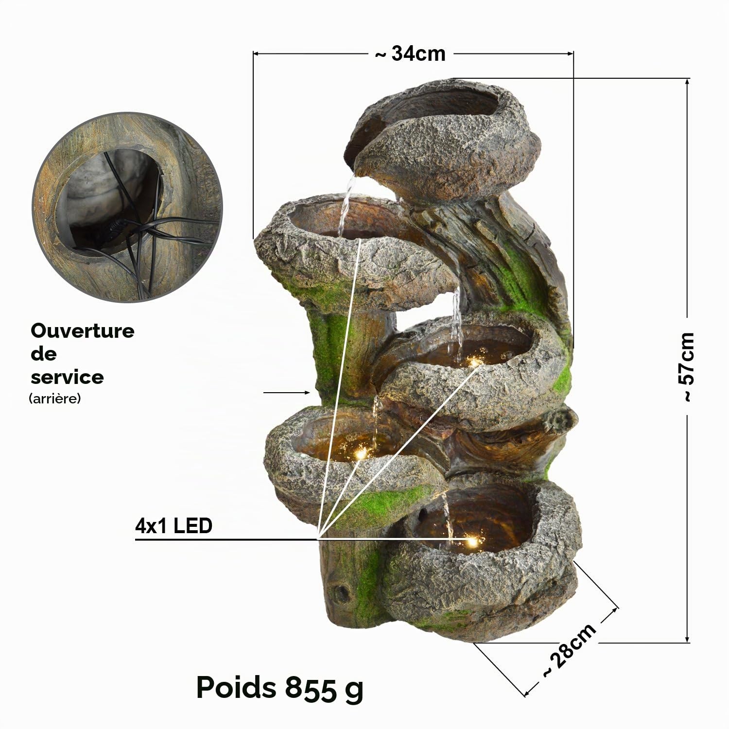 AMUR Ne manquez pas la source solaire STONE CASCADE BLACK - Fontaine solaire forestière - Cascade - Fontaine décorative pour balcon, jardin à la maison, bain d'oiseaux, LED + fontaine d'eau légère 203