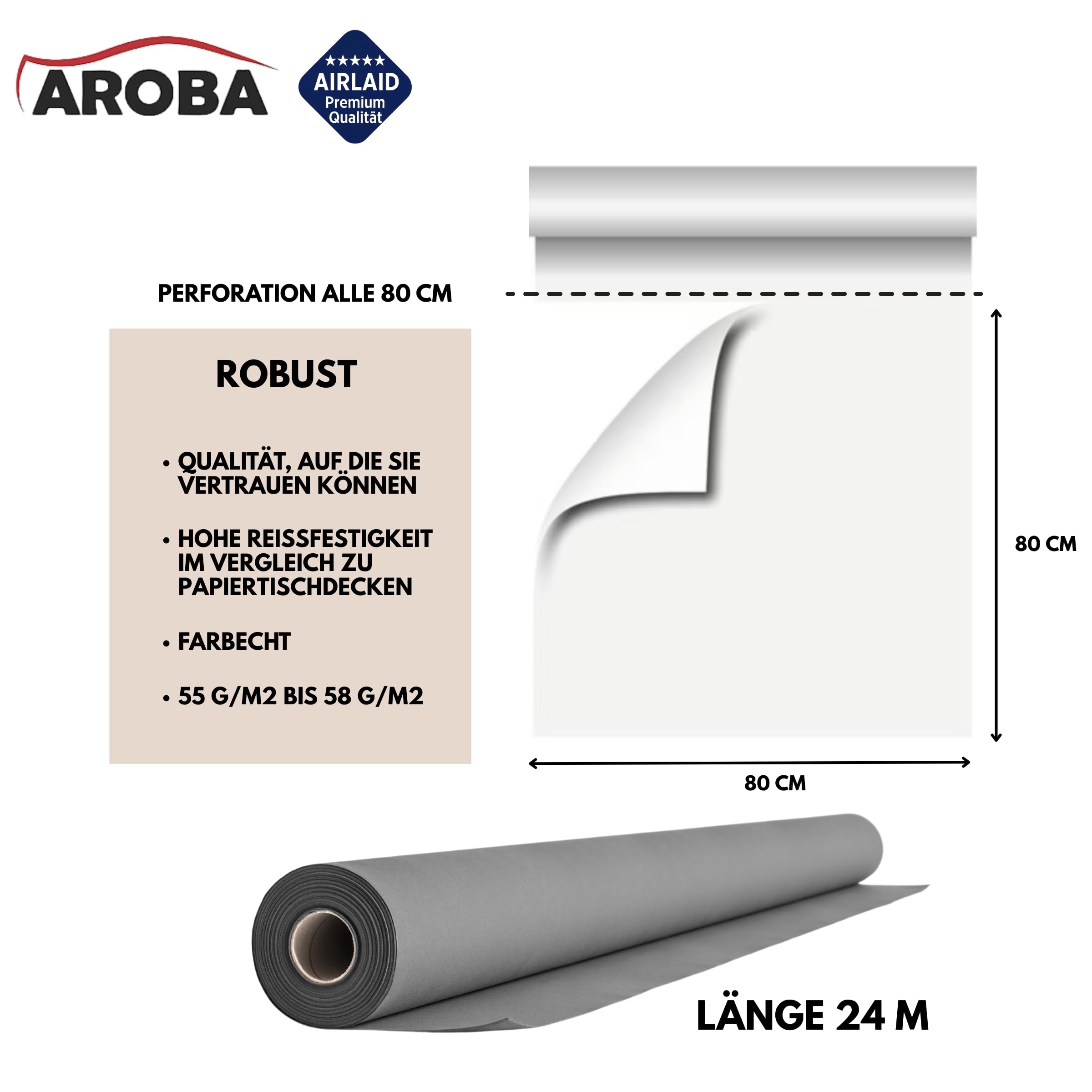 Airlaid Rollo de mantel (6 unidades 80 cm x 24 m perforación para facilitar el recorte 30 x 08 m x 08 m desechable por rollo similar a la tela para bodas catering hoteles calidad premium gris)