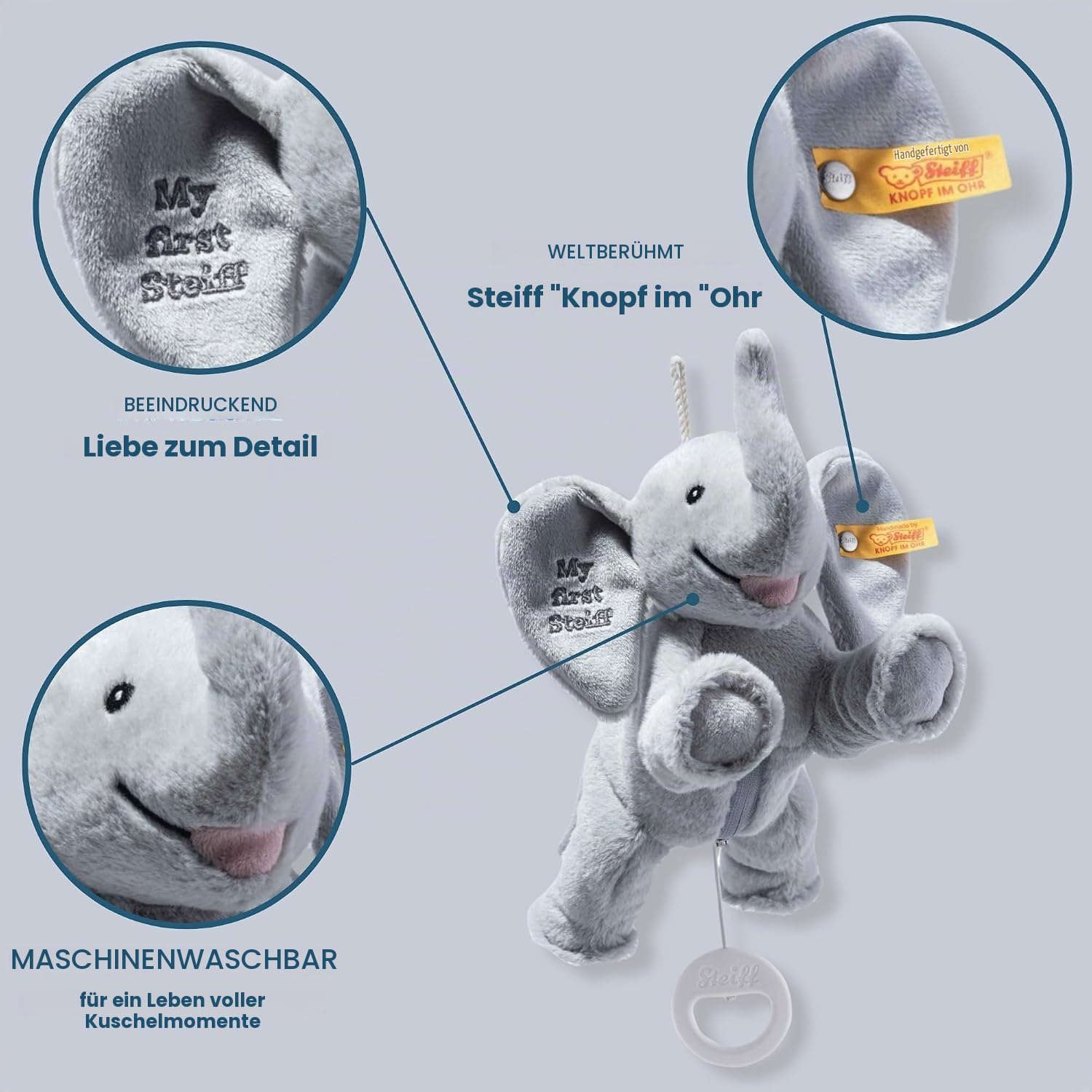 Steiff Kuscheltier My first Steiff Ellie Elefant Spieluhr, Süßes Stofftier, Jungen, Mädchen & Babys ab 0 Monaten, Friends, Spielzeug 25 cm, Hellgrau, 242731