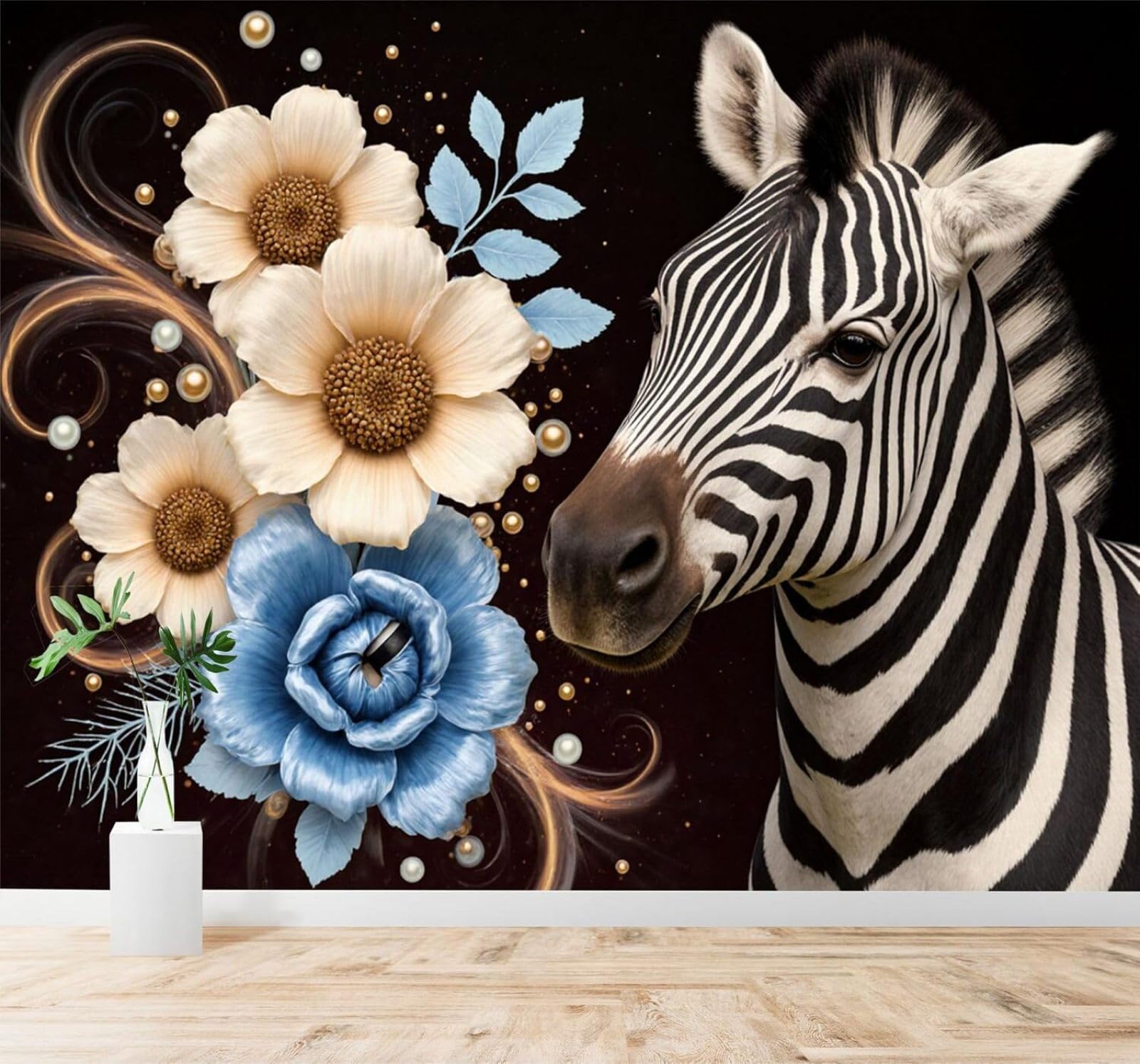 XLMING Beige Blue Flowers Pearls Zebra Pattern 3D Wallpaper Silky Texture Home Study Office Grey Dining Room Sofa Bedroom Living Room TV Backdrop-150cm×105cm