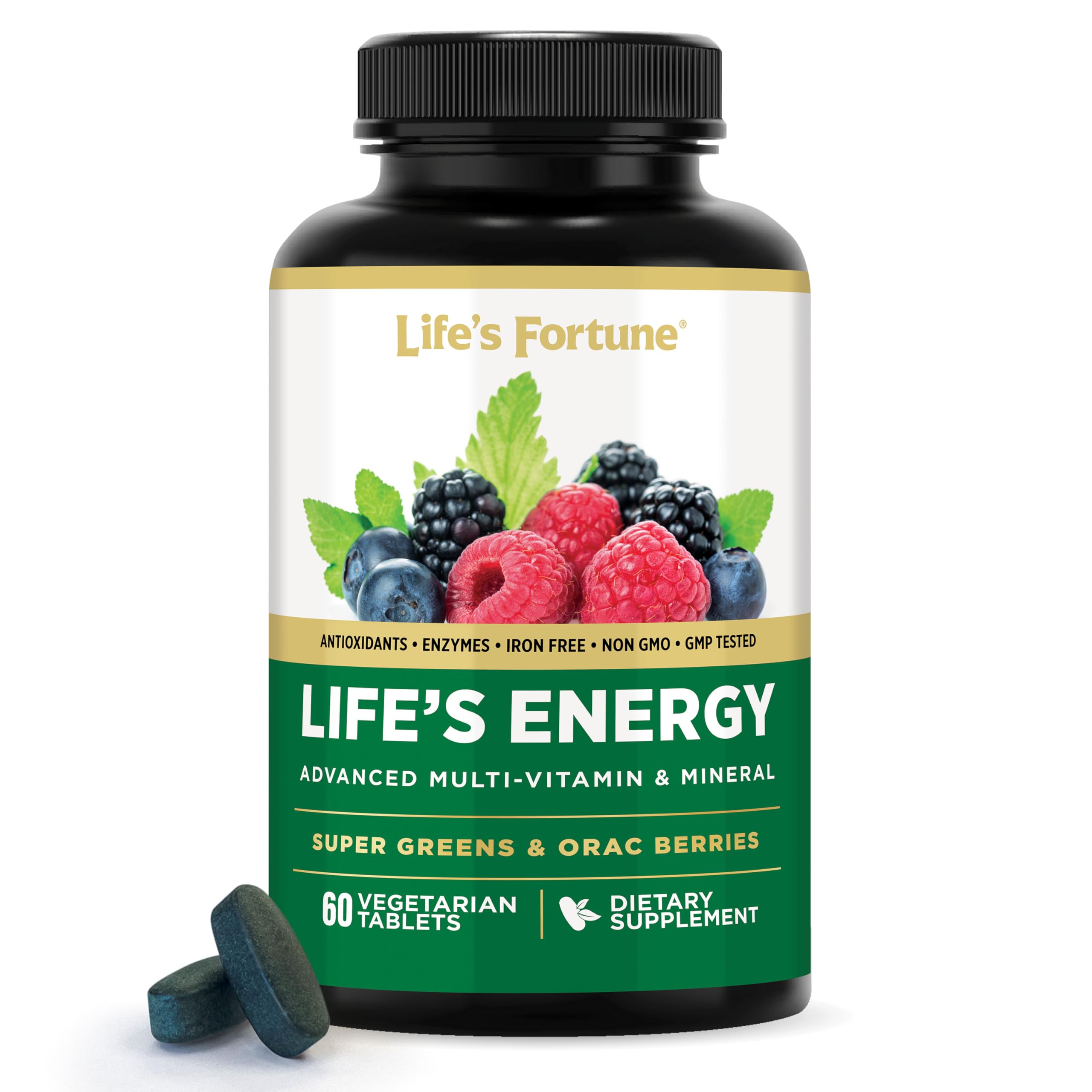 Life's Energy Advanced Multi-Vitamin and Mineral for Men & Women, Non-GMO - Super Greens - ORAC Berries - AntiOxidants - Enzymes - Iron Free - GMP Tested, 60 Veggie Tablets