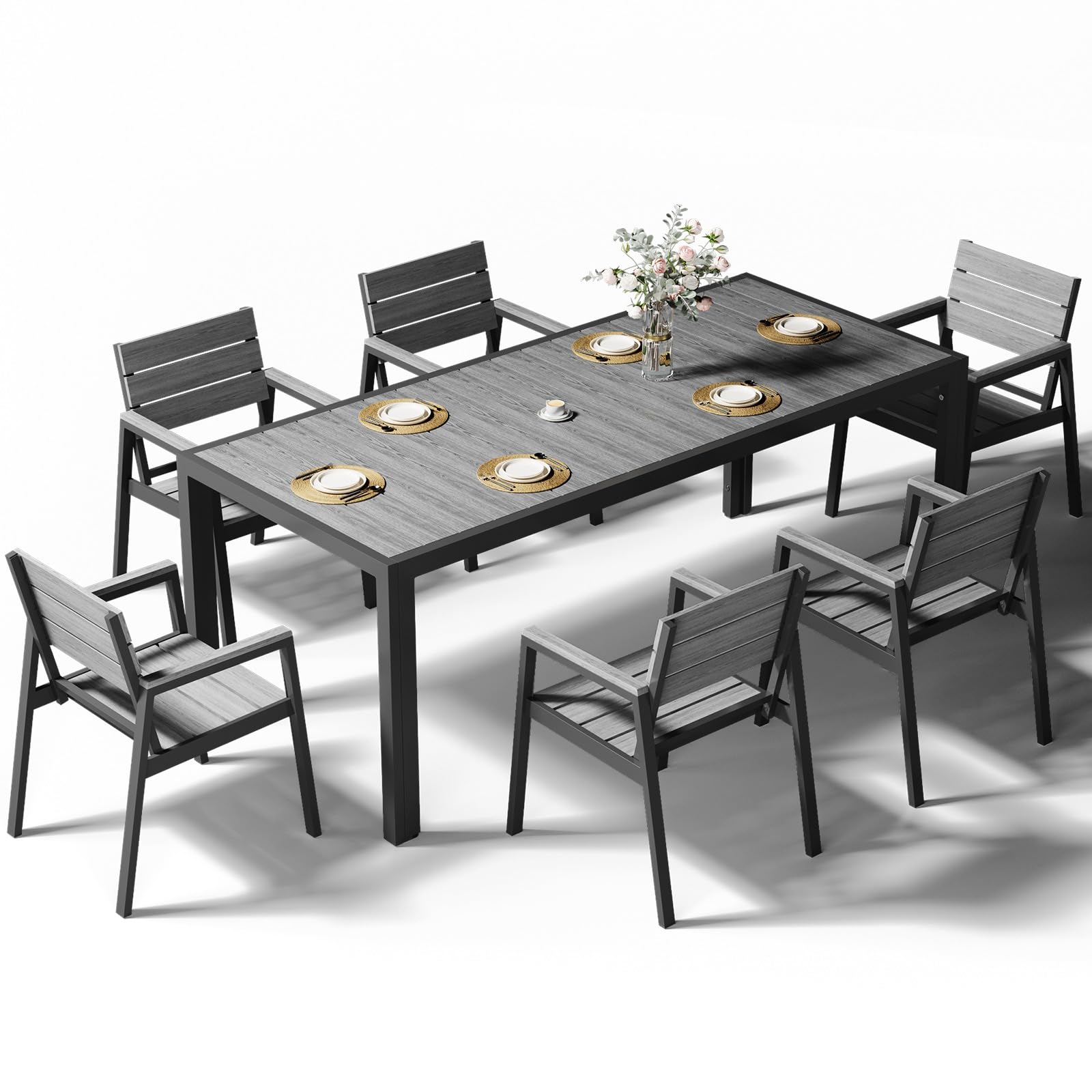Devoko HDPS Salon de Jardin Exterieur 7 Pièces, Résistance aux Intempéries Ensemble 189 cm Table et 6 Chaise de Jardin Exterieur Aluminium, Finition Grain de Bois et Facile d'entretien(Gris)
