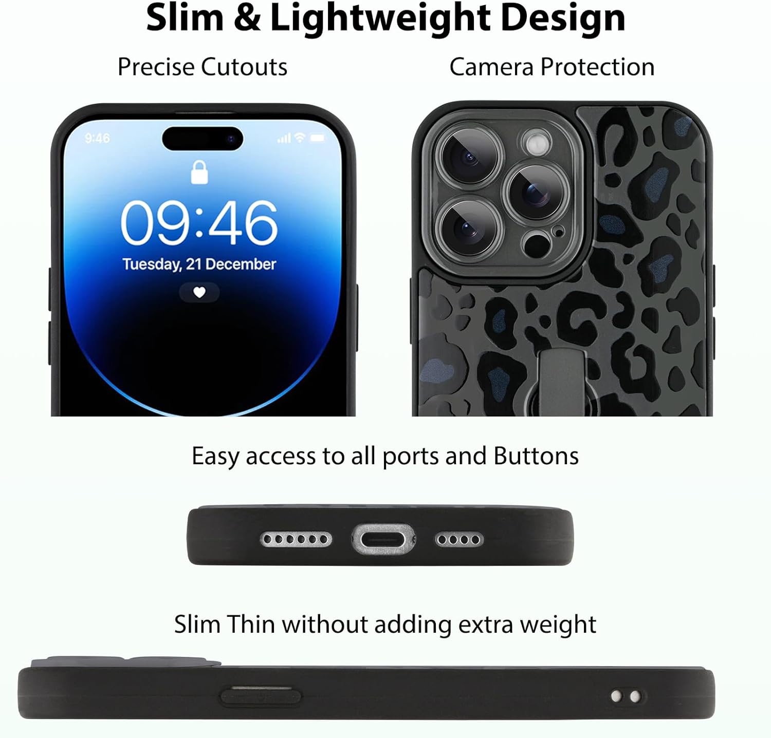 KANGHAR for iPhone 14 Pro Case Black Leopard Print Pattern Cute Cheetah Wristband Stand Phone Cover for Women Girls Men Shockproof Slim Protective Cover for iPhone 14 Pro 6.1 Inch - Image 3