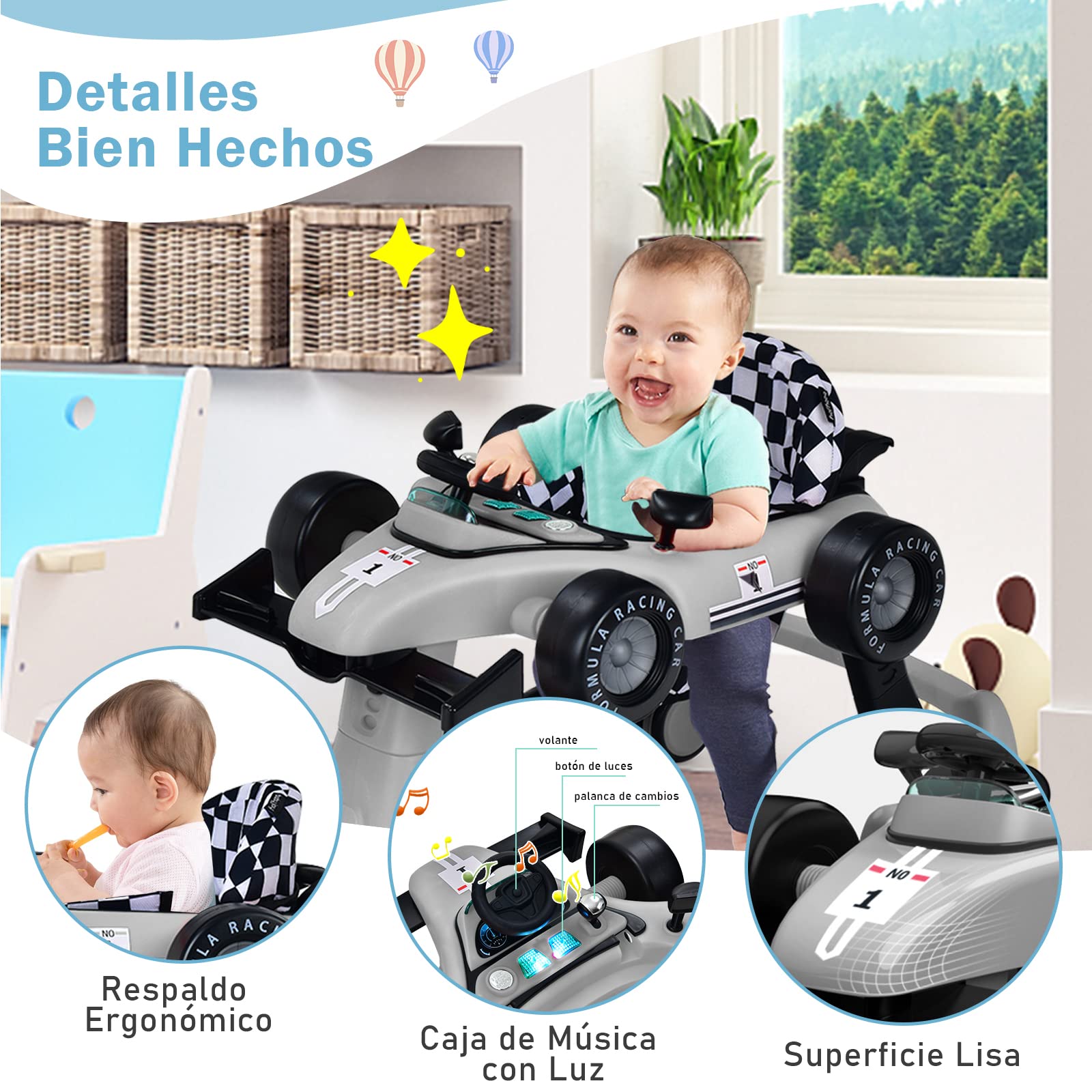 COSTWAY 4 en 1 Andador Bebes, Tacata Bebe Plegable con Altura y Velocidad Regulables, Carillón con Luces, Volante y Asiento con Cojín, Diseño Antivuelco, Caminador para Bebe de 6-18 Meses — view 6