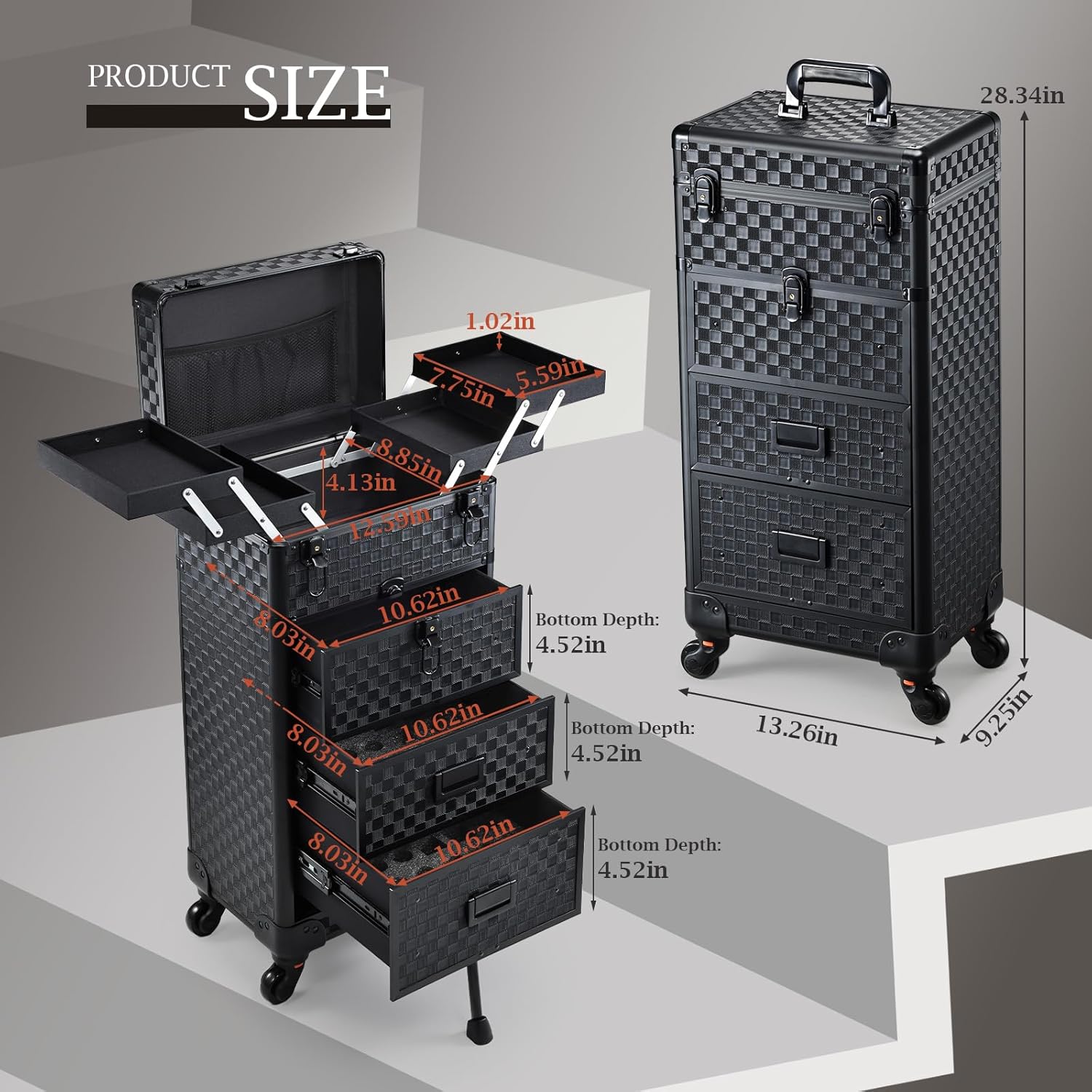 Stagiant Rolling Makeup Case with Drawers Cosmetology Case on Wheels 4 IN 1 Makeup Case 3 Drawers with Foot Stand Spring-release Mechanism Rolling Make Up Organizer for Artist Salon Nail Teach Trunk - Image 6