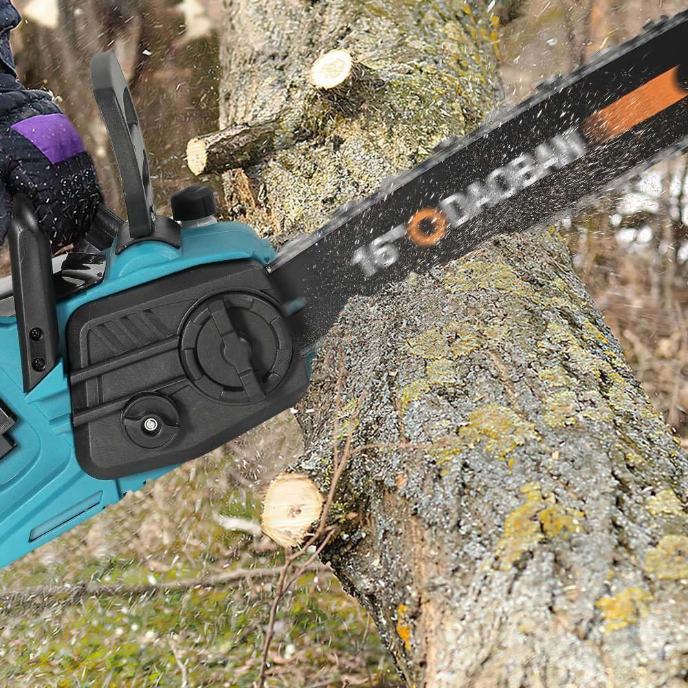 Motosierra Profesional con Batería, Motosierra Eléctrica Inalámbrica de 1500W, Batería de 6000 mAh, Barra de Cadena de 40 cm, Velocidad de Cadena 18 m/s, Sistema de Lubricación Automática (Azul)