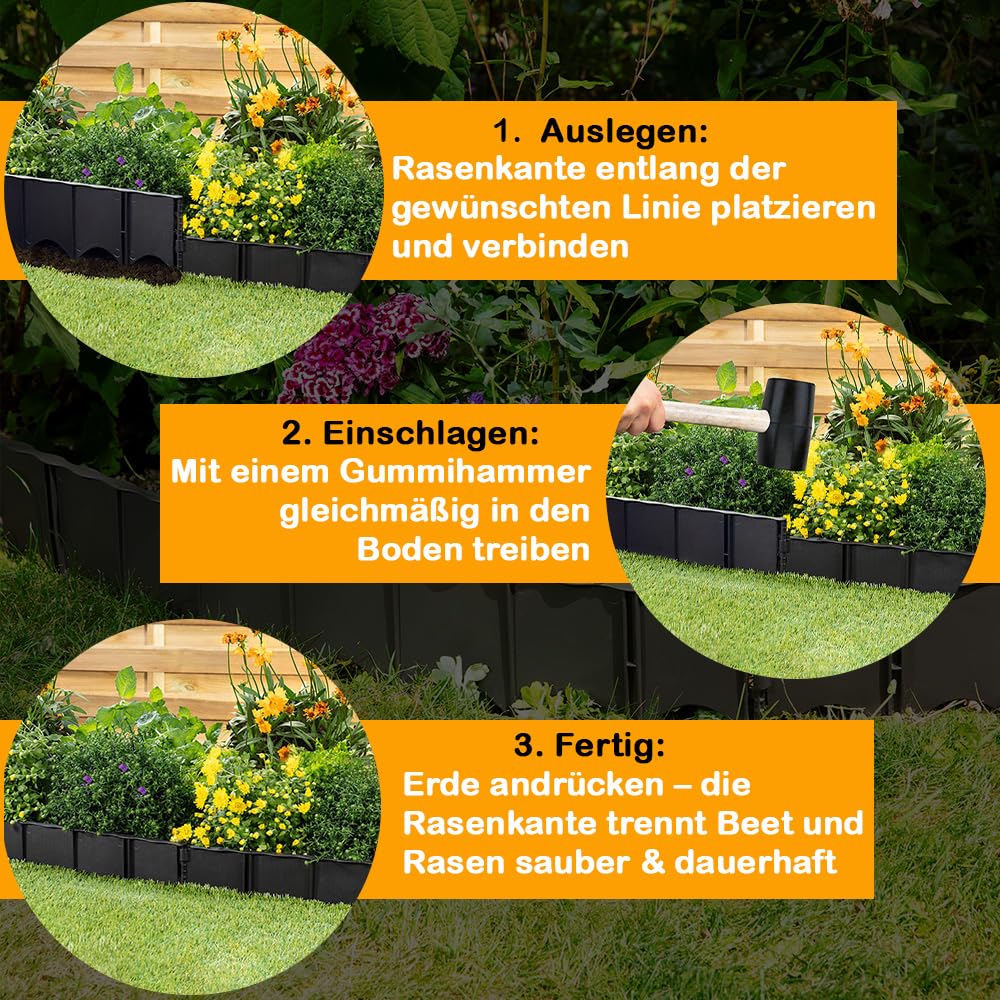 Edgar Rasenkante Set 12 Stück, Flexible Beetumrandung 4,5m, Stecksystem für Gartenwege & Beete, Beetbegrenzung Kunststoff, Blumenbeet Umrandung