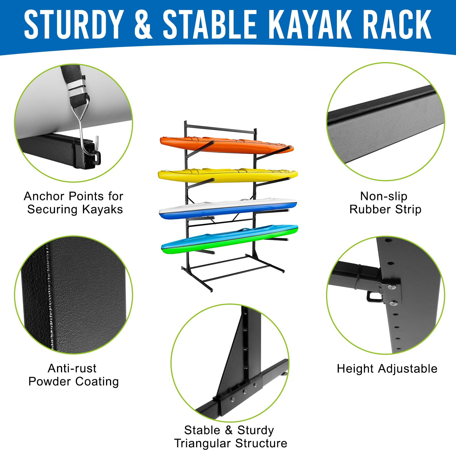 Outdoor Storage Heavy Duty Kayak Storage Rack - 2-Layer Adjustable Freestanding Stand For Kayaks, Canoes, Paddleboards & Surfboards Outdoor Watercraft Storage