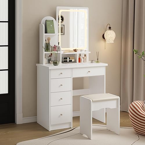 WOODTIME Vanity Set with LED Lighted Mirror, Vanity Dressing Table with 5 Drawers & Shelves, Makeup Desk with Cushioned Stool for Bedroom, White
