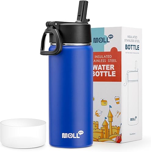 Botella de agua aislada para niños con popote - 18 oz de acero inoxidable con doble pared, aislada al vacío, de boca ancha, para la escuela -