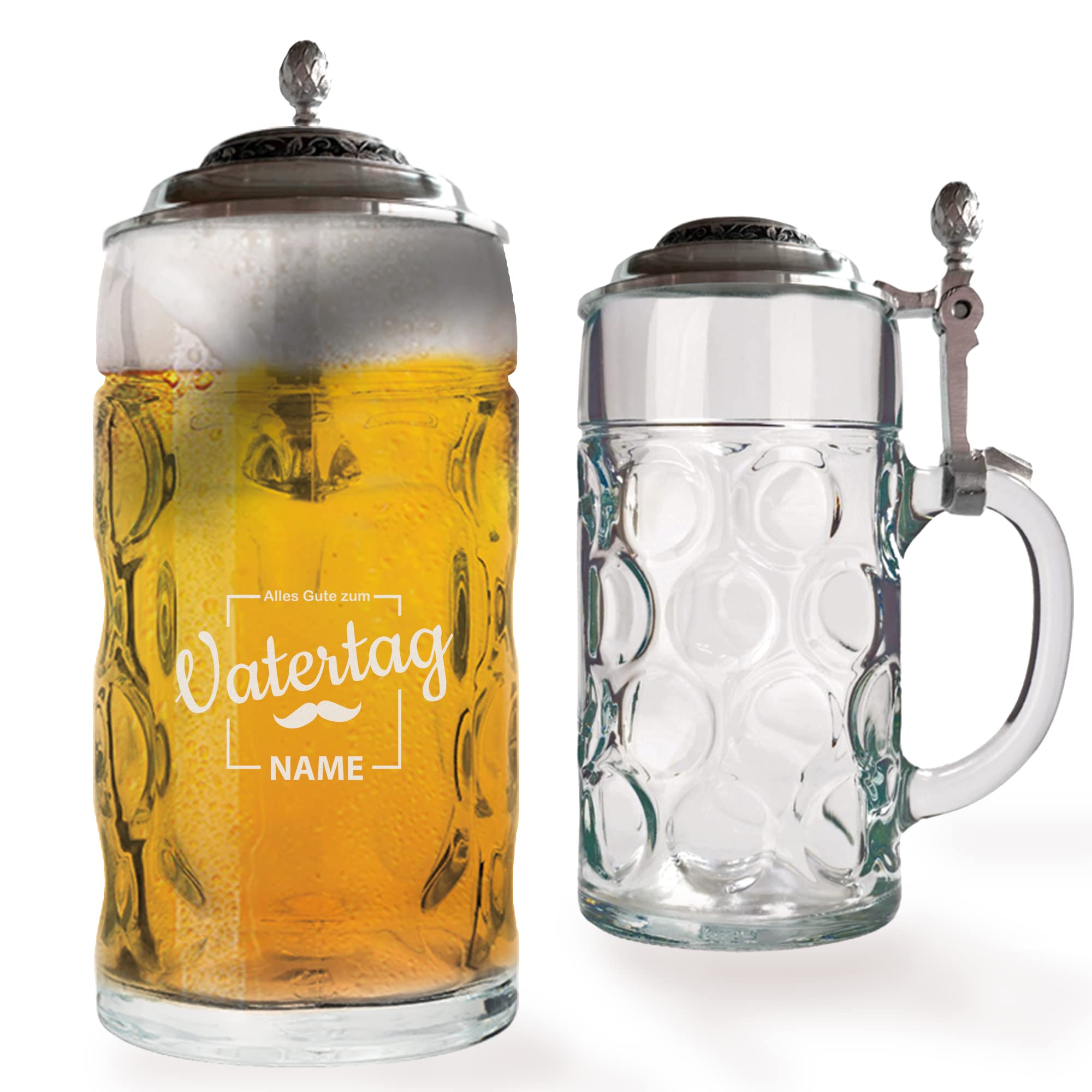 Chope à bière avec gravure et couvercle en étain – Chope à bière Isar 0,5 l avec couvercle en étain – Chope à bière comme cadeau de fête des pères – Cadeau d'anniversaire pour homme