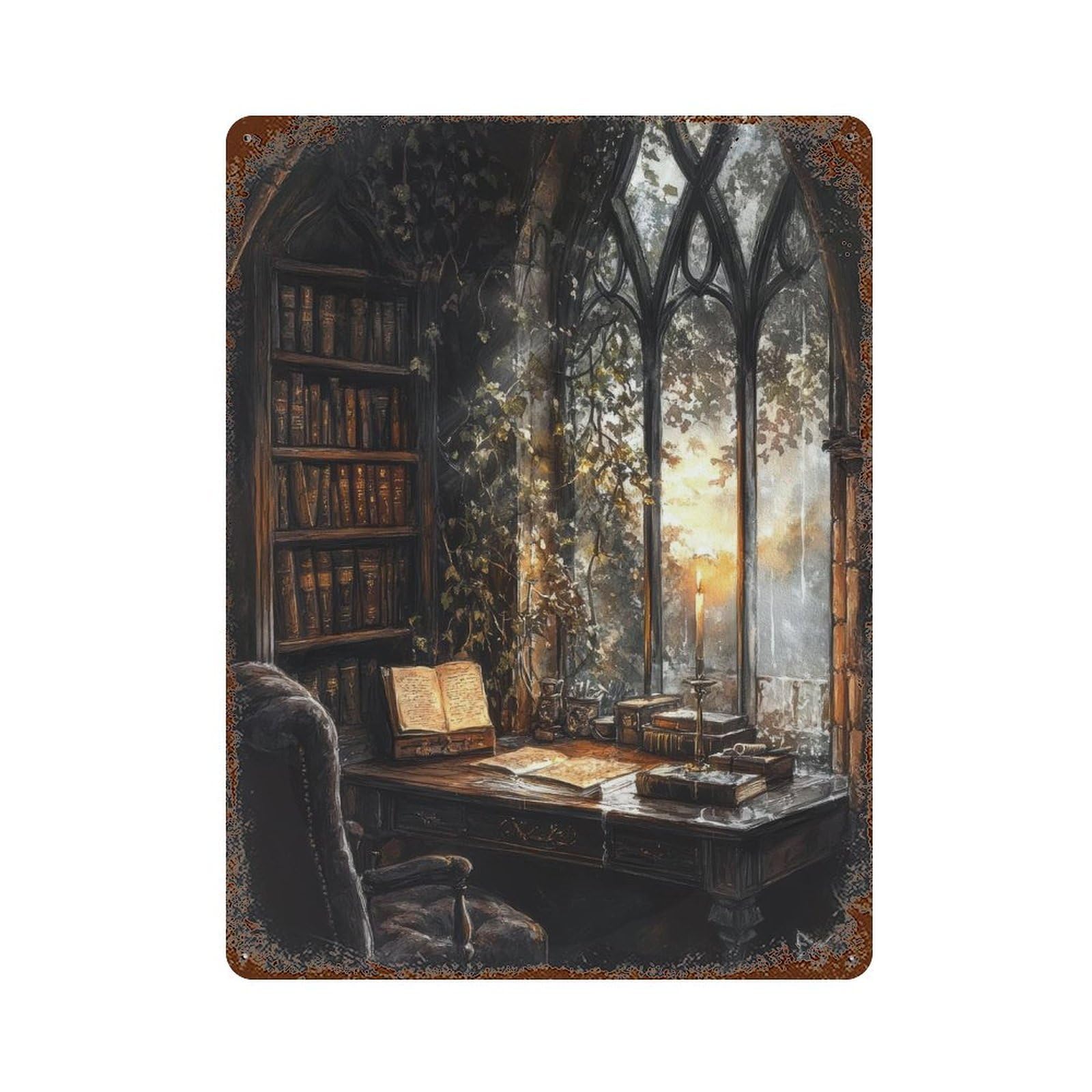 xiaoxiaoshen Gothic Study Dark Academia Vintage Library Painting Moody Candlelit Interior Literary Wall Decor Art Metal Tin Poster Modern Home Decor Art Home Bar Shop Decorations Vintage Sign 40x30cm