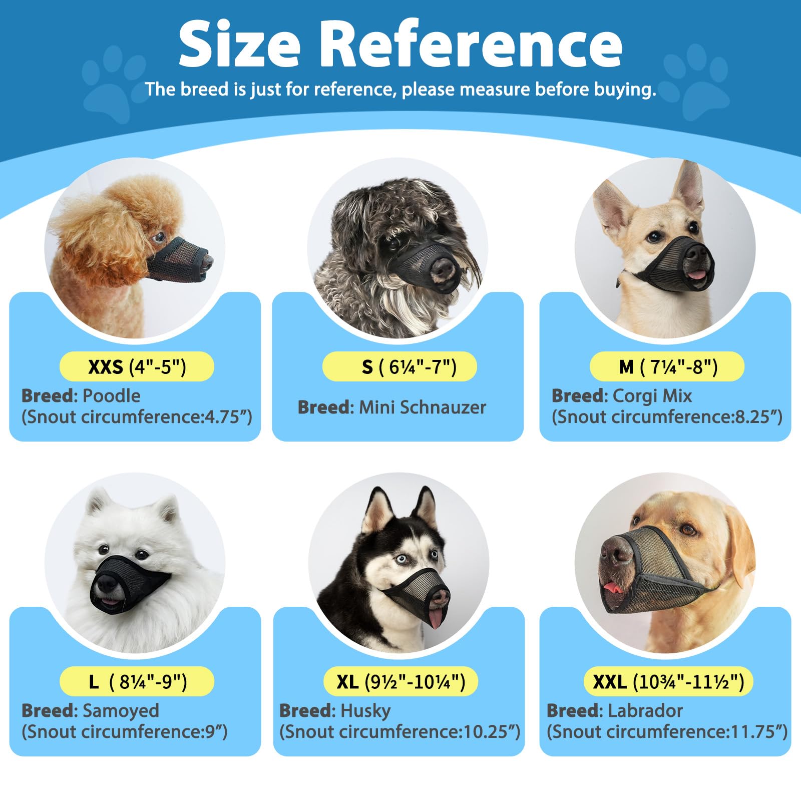 Lot de 7 muselières pour chiens de petite, moyenne et grande taille, muselière en maille pour chiens anti-morsure, mastication, aboiement, ensemble de muselière respirante avec sangle réglable pour le