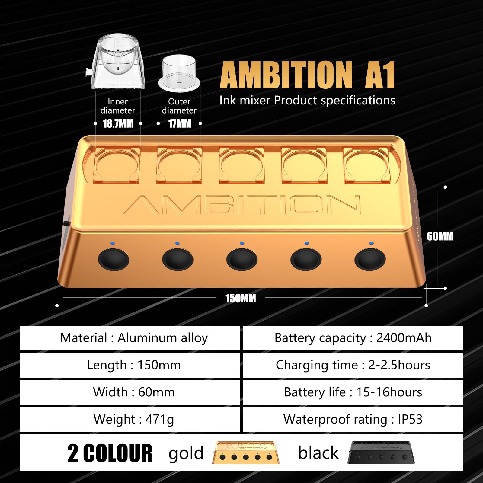 Ambition A1 Drahtloser Tattoo Farbe Mixer – IP53 wasserdichter Lab Vortex Mixer mit 2400mAh Akku, 12 Farbbechern & 200 Magnetrührstäben für Tätowierer