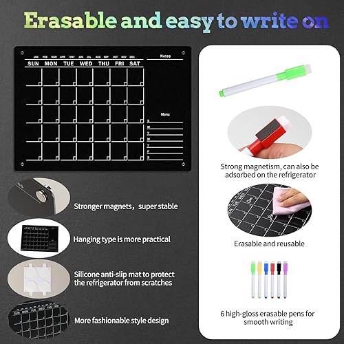 Miniatura 3 de Calendario magnético para nevera, 8.3 x 11.7 pulgadas, calendario acrílico para refrigerador, pizarra reutilizable de borrado en seco con 6