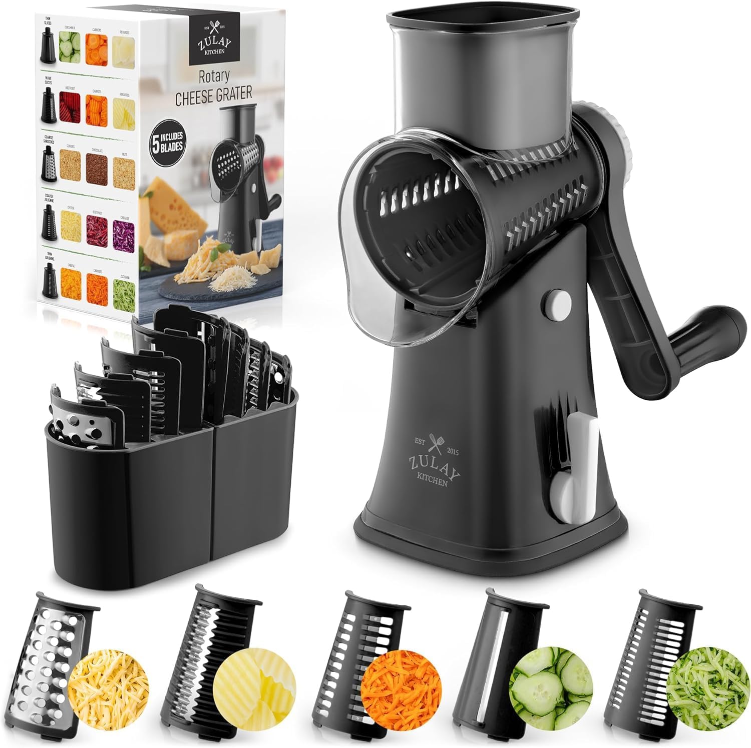 Zulay Kitchen Rotary Cheese Grater 5 Blade Cheese Shredder - Manual Hand Crank Cheese Grater With Reinforced Suction
