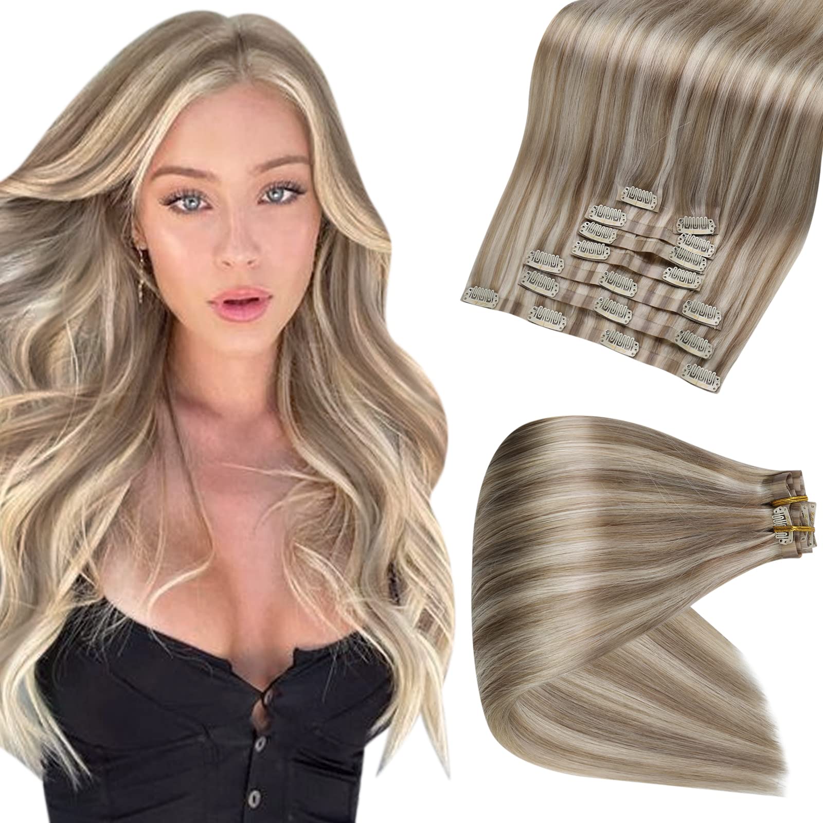 Fshine Hair Extension Clip In Light Brown Highligh Platinum Blonde Human Hair Extensions Clip in 20 Inch Seamless Clip on Extensions Remy Hair Soft Hair 7Pcs 120g