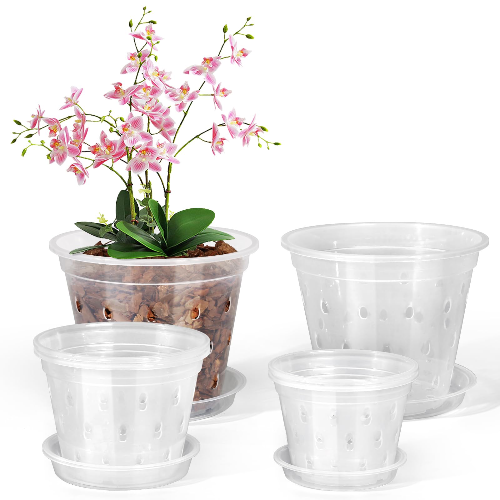 FUIJOL Orchid Pot, 6 Pack 4 5 6 Inch Clear Orchid Pots with Holes and Saucers for Repotting, Breathable Slotted Plastic Orchid Planters with Drainage