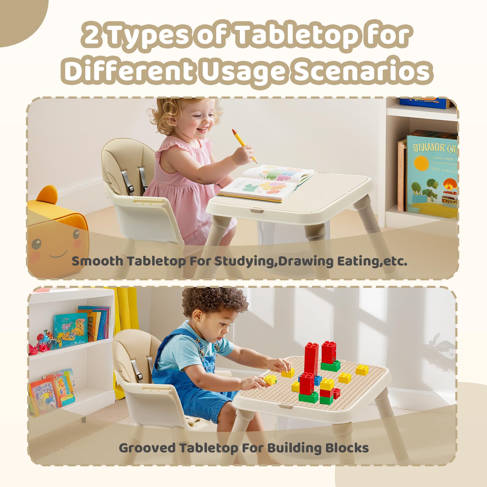 BONNLO Chaise Haute Bébé Évolutive, Confort Rembourré, avec Plateau Double, 6 mois à 3 ans, 6 à 15 kg, pliage ultra compact, légère(4,9kg) (Beige)