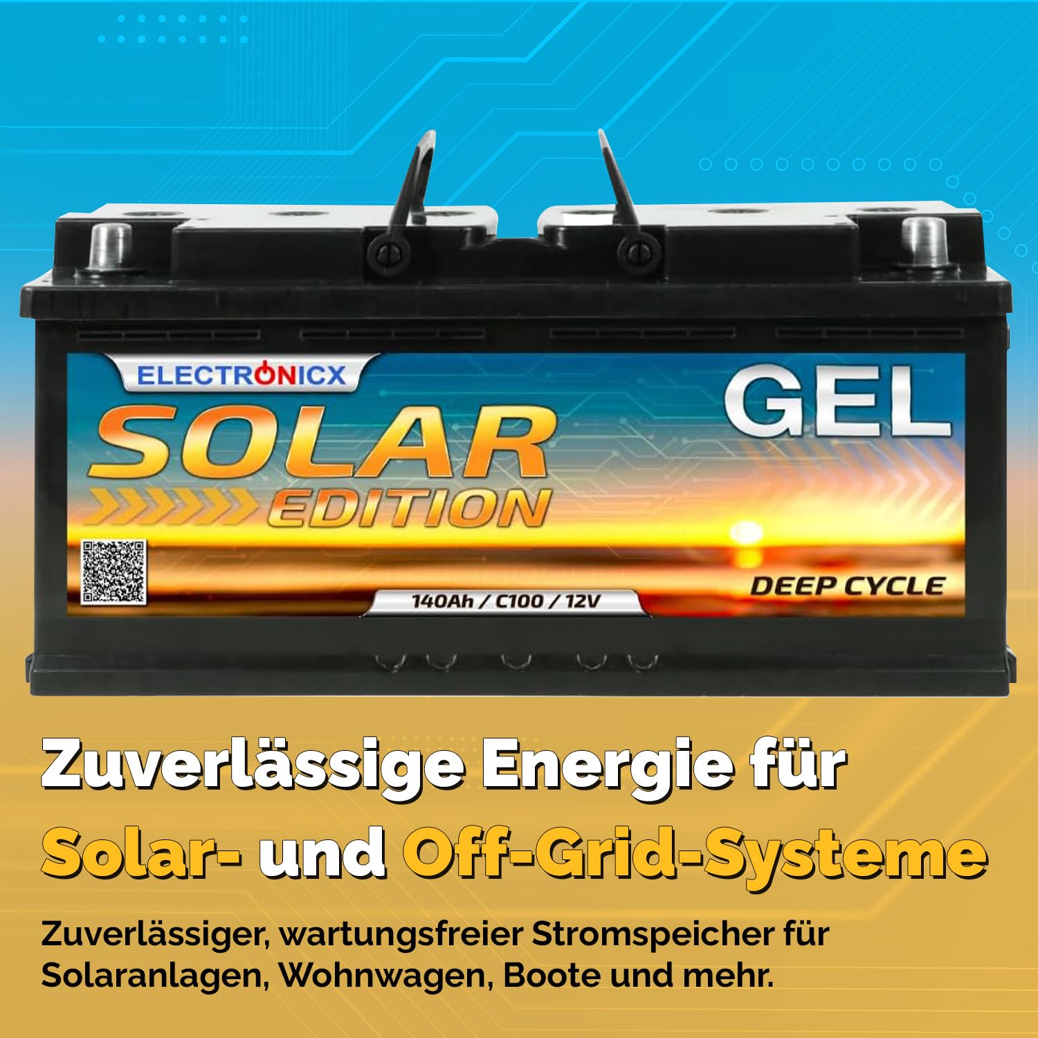 Electronicx Gel Solar Edition 12V 140Ah Deep Cycle Batterie 140 Ah Versorgungsbatterie - wartungsfrei, auslaufsicher - für Wohnmobil, Photovoltaik, Inselanlage, Solar - Maße: 393×175×190 mm kompakt