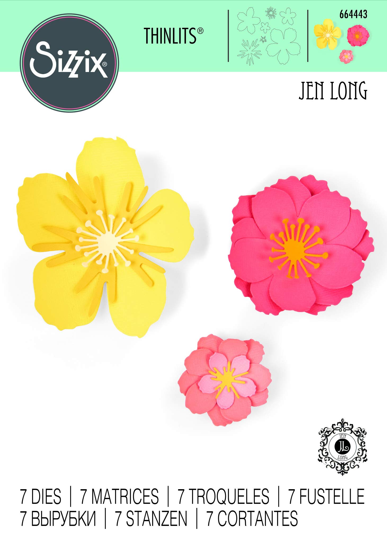 Sizzix Set de Troqueles Thinlits 7 pzas 664443, Florecimiento de Jen Long, Multicolor, Talla única