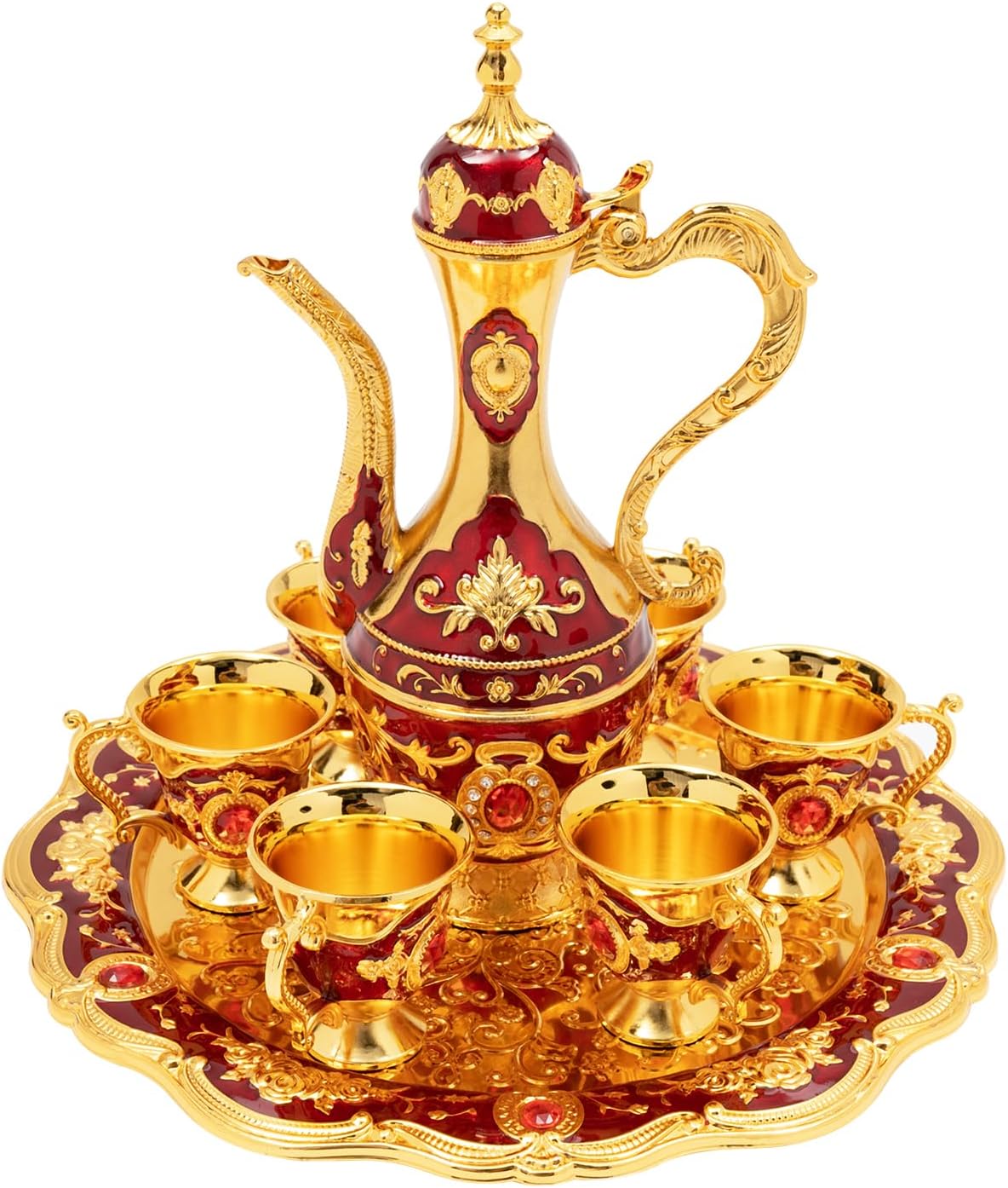 Tea Service Set, Tea Pot Set, Turkish Tea Pot with 6 Cups Set, Vintage Turkish Coffee Set, for Tea Table Decor, Vintage Tea Set, for Living Room, Dining Room, Bedroom, Coffee Shop (Red)