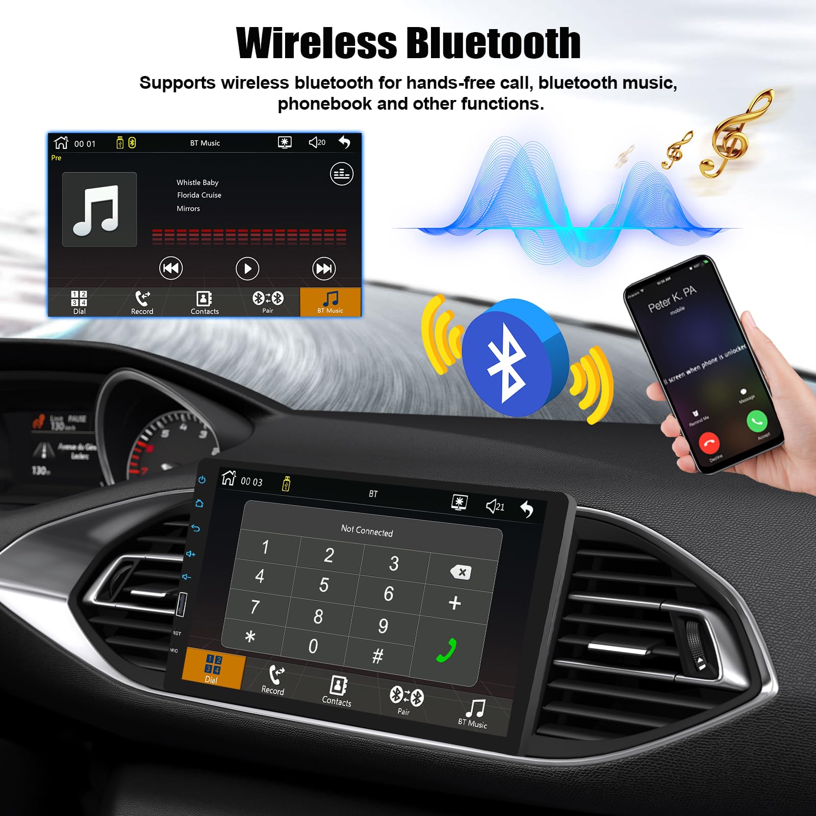 CAMECHO Autoradio 1 Din con Senza Fili Carplay Android Auto Schermo 9 Pollici Bluetooth Radio Touch Display con Telecamera Posteriore Mirror Link FM SWC USB Comandi al Volante