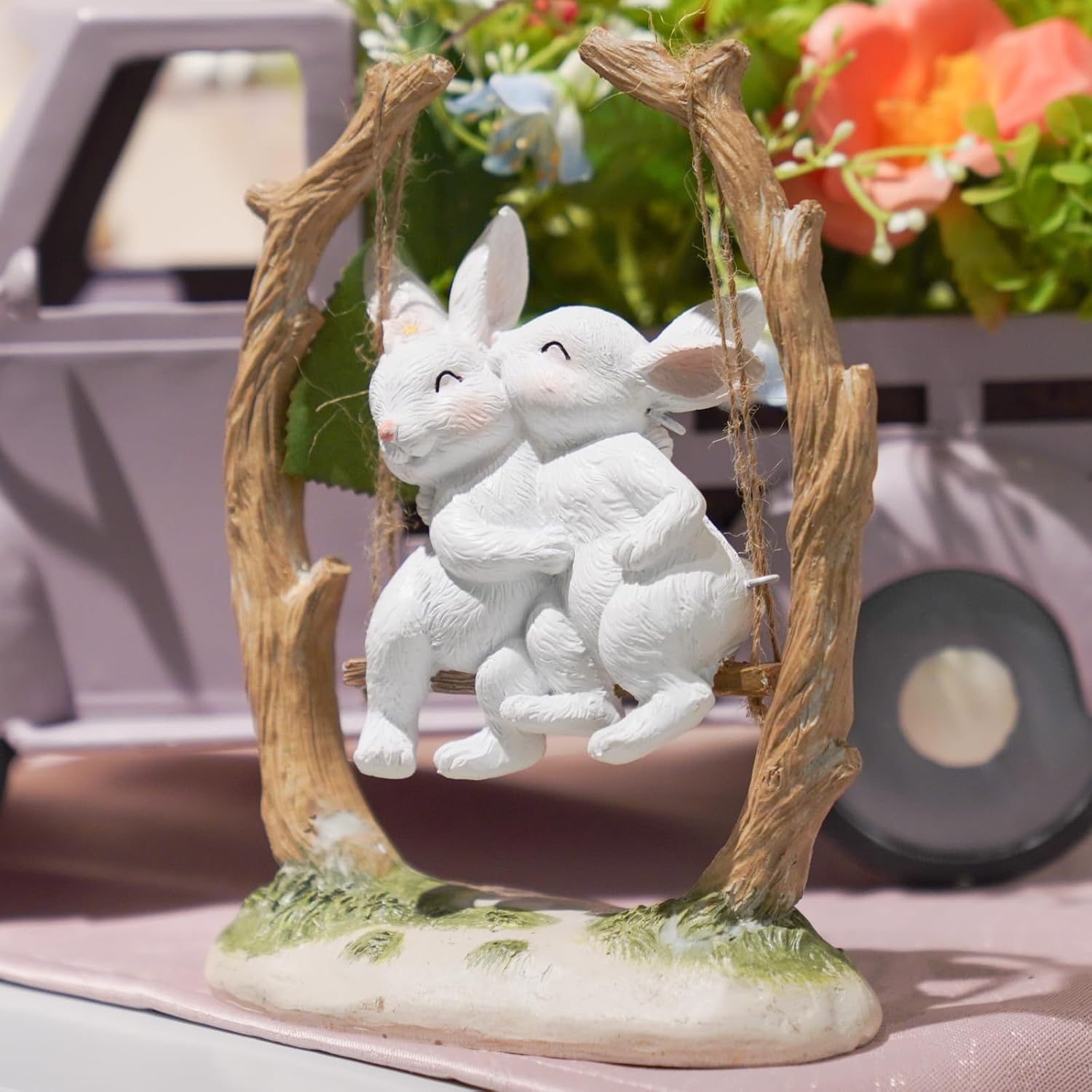 Easter Bunny Décor Outdoor Statues - Rabbit Décor Garden Decorations Easter Rabbit Figurine Décor Couple Bunny Figurines Home Resin Rabbit Play on a Swing on The Tree 5L*2.5W*6.5H - Image 8