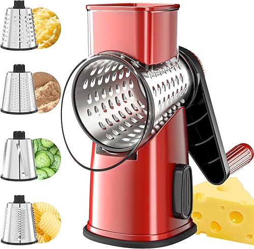 Miniatura 10 de VEKAYA Rallador de queso, rallador de queso, manivela de mano, 4 cuchillas intercambiables, triturador de queso, rebanador de verduras, base de