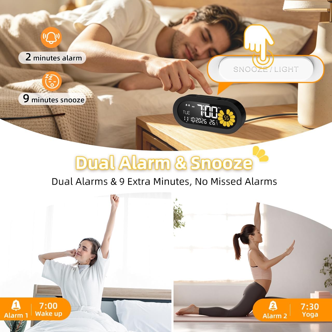DOOMAY Digital Alarm Clock for Bedroom: Dual Alarm Bedside Clock VA LCD Display with Seconds, 9-Minute Snooze and Weekend Mode, 3 Brightness, 4 Alarms and 3 Volume Levels，Type C & Battery Included