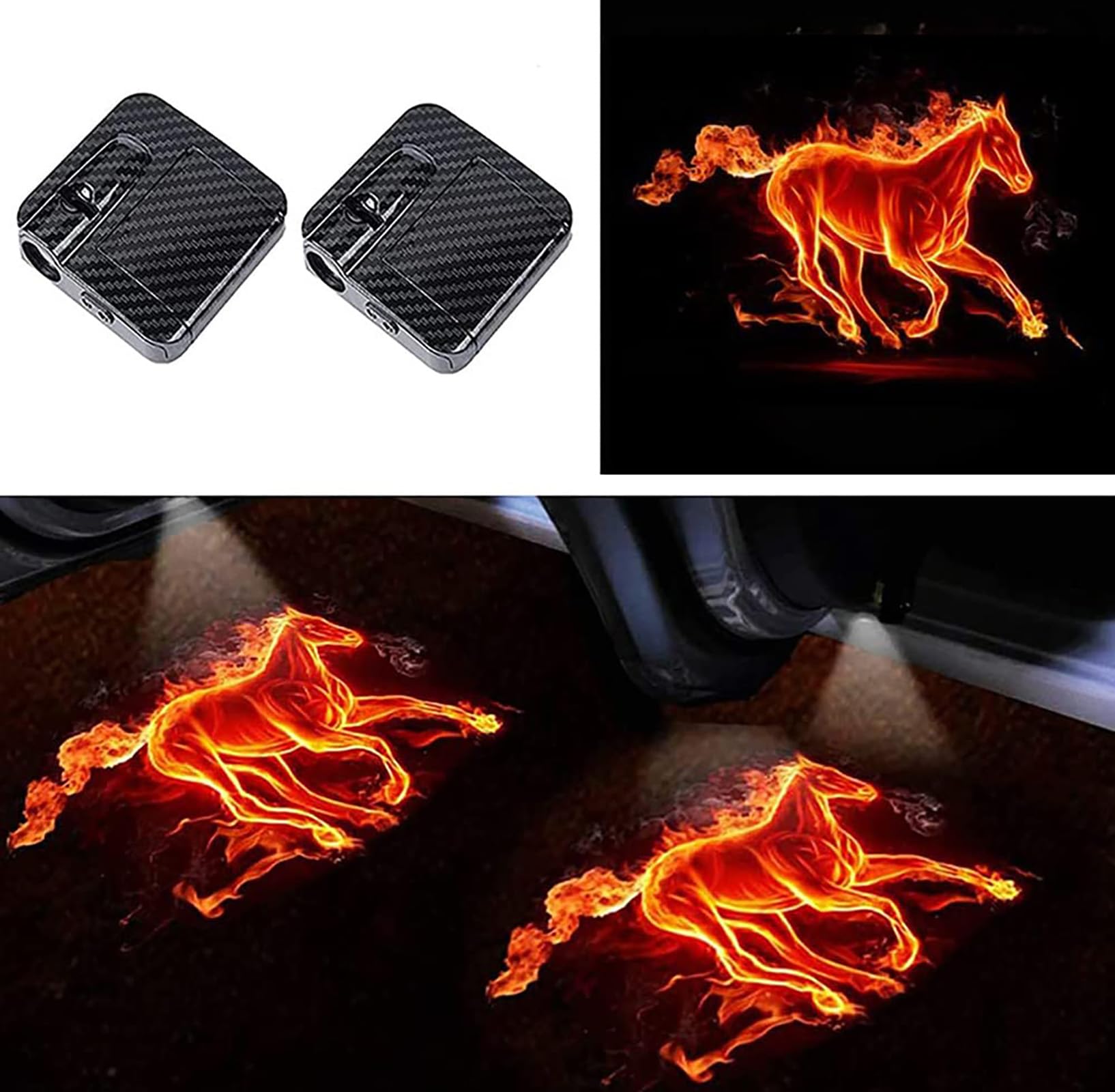 KAKKOII 2 pcs Car Door Lights,Car Door Led Projector Lamp,Car Door Welcome Logo Projector Lights with HD Automatic Universal Wireless Lights (2pcs Flaming Horse)