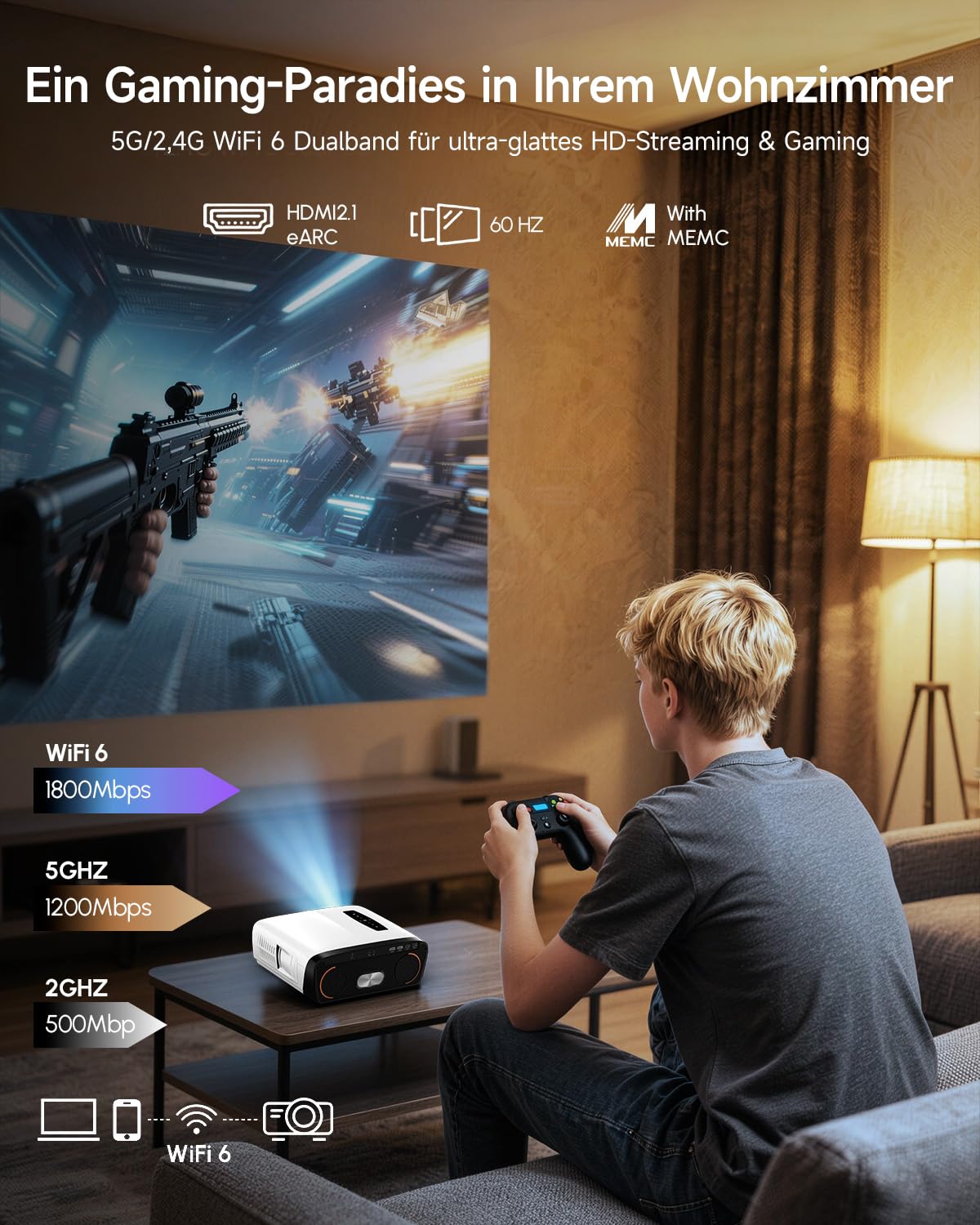 Projektor 4K Google TV, 2500 ANSI lumenów, światło dzienne, projektor kina domowego z WiFi Bluetooth HDMI ARC/CEC, 35 W x 2 Deep Bass, Dolby Audio, autofokus ToF i MEMC, idealny do salonu, gier, na
