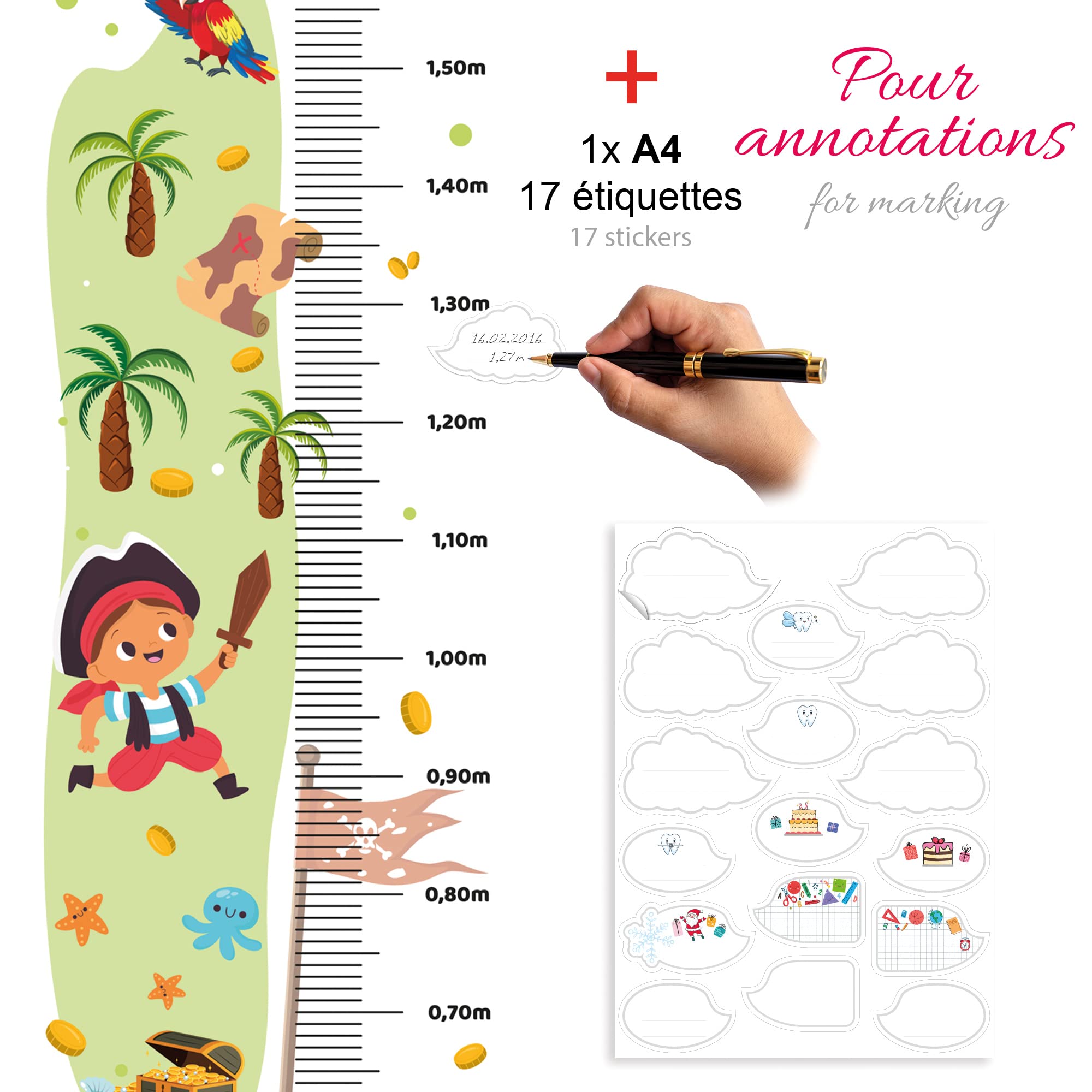 Toise - Pegatina de pared personalizada para habitación infantil, diseño de piratas, 130 cm.