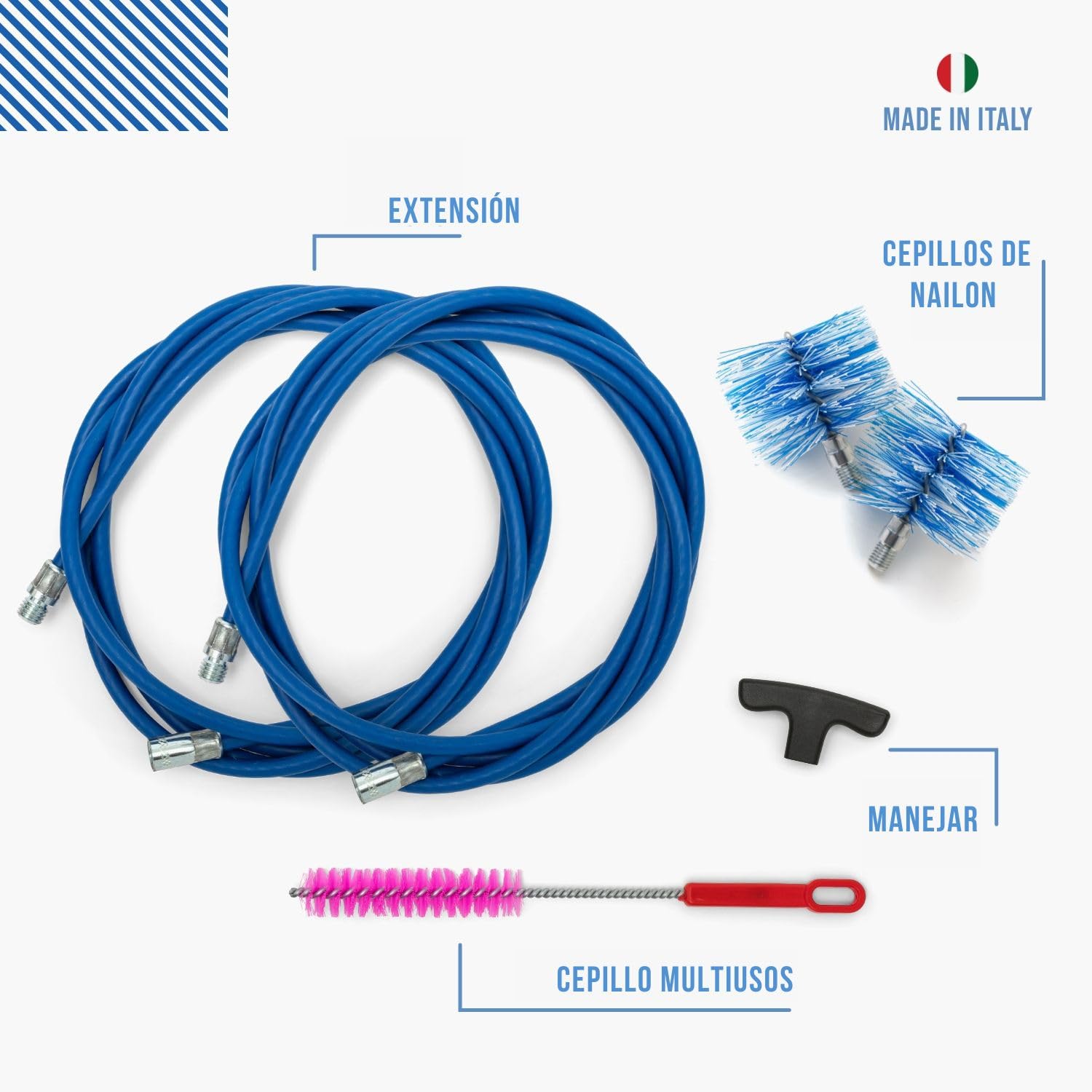 BARETTO | Kit Limpieza conductos Humos | Ø 80+100 mm, Nylon, 6 m, 2 cepillos, Conector M12 | Set Mantenimiento Tubos Chimenea y Estufa