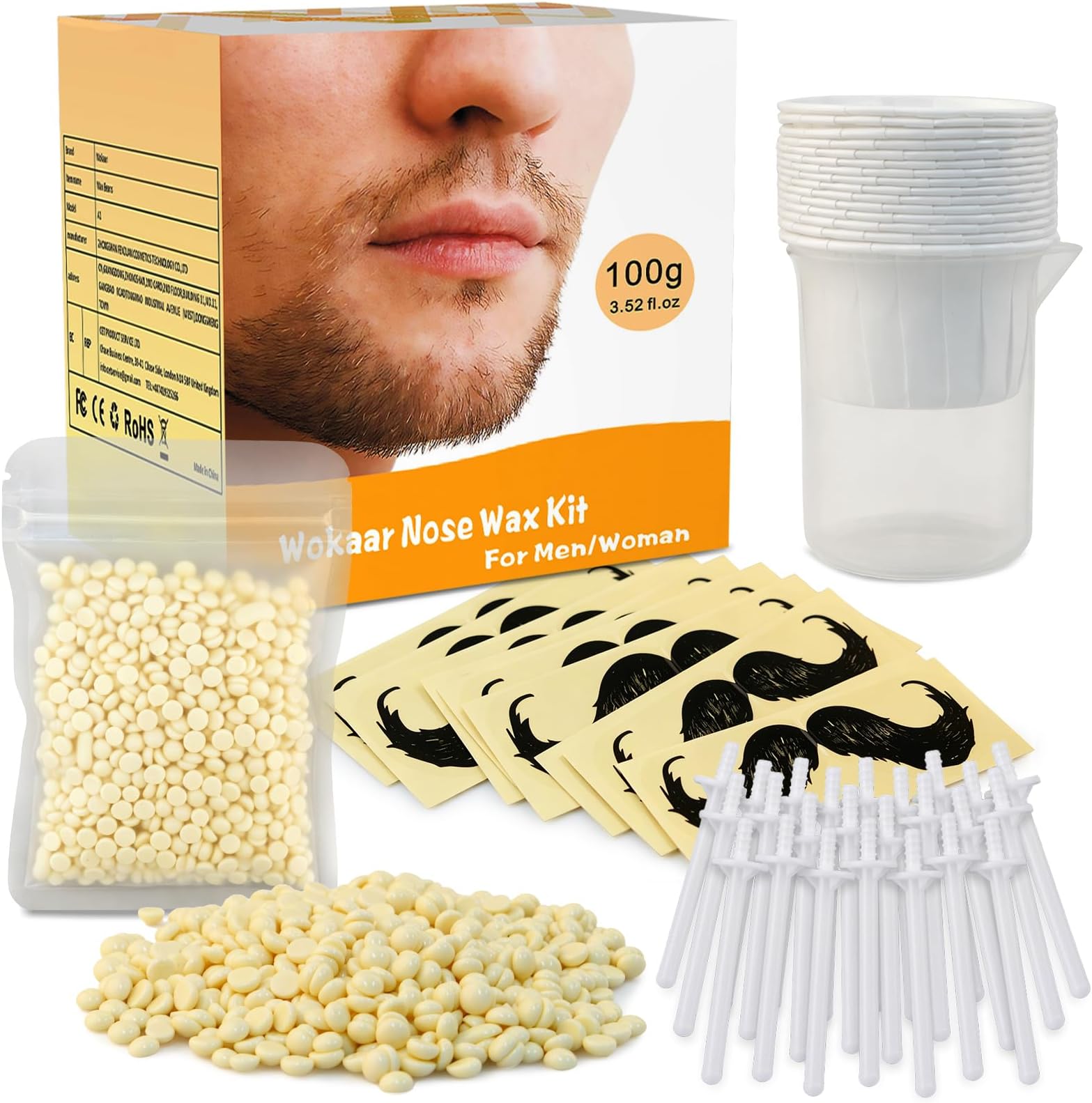 Nose Wax Kit for Men & Women | 100g Wax, 30 Applicators (15-20 Uses) | Painless Nasal & Ear Hair Removal | Fast 3-Min Removal | Safe Hair Remover Kit for Nose & Ear Hair | Waxing Kit for Men
