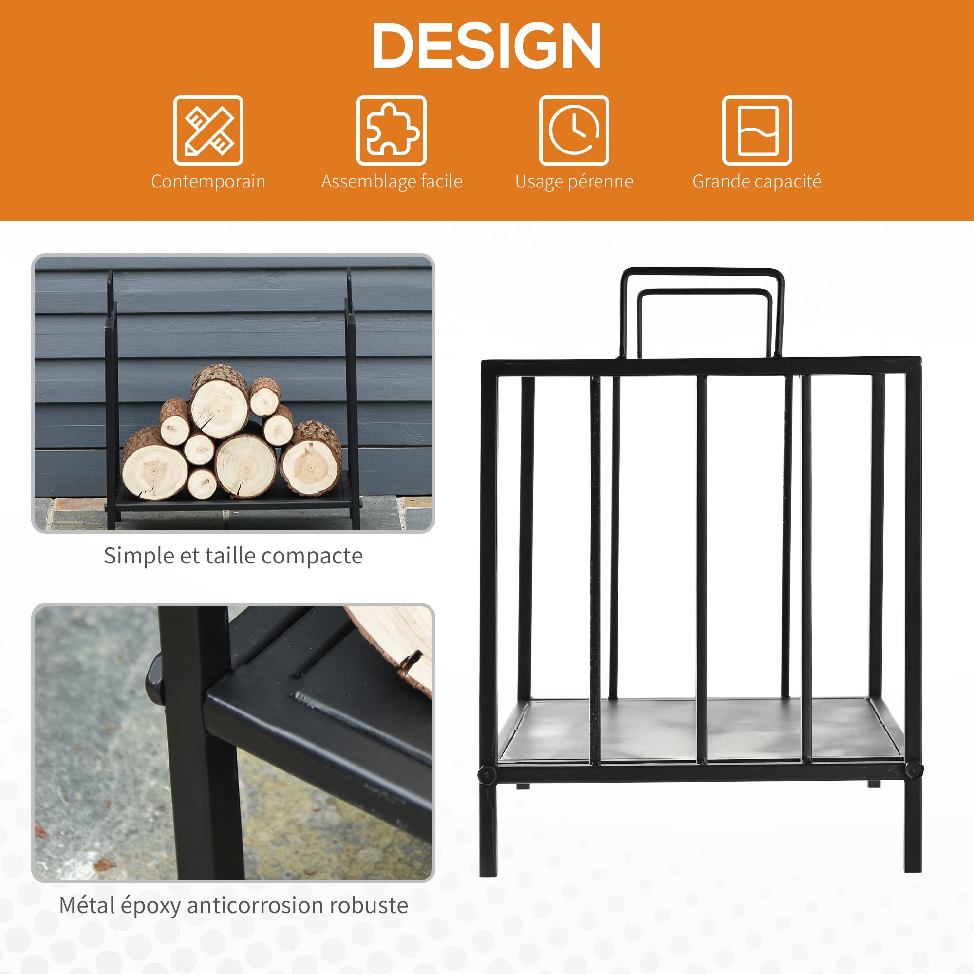HOMCOM Range bûches Porte-bûches Etagère porte bois de cheminée charge max. 15 Kg dim. 44L x 33l x 46H cm métal époxy noir