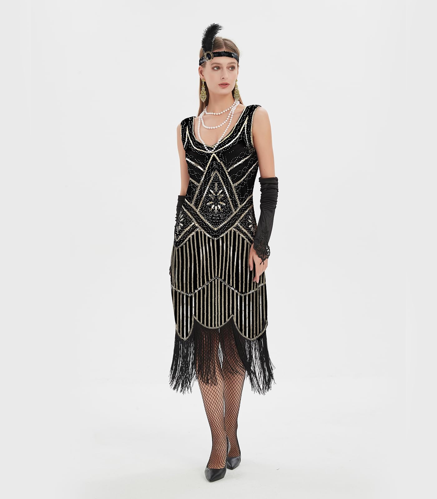 WILDPARTY Robe garçonne des années 1920 avec col en V et franges et accessoires des années folles