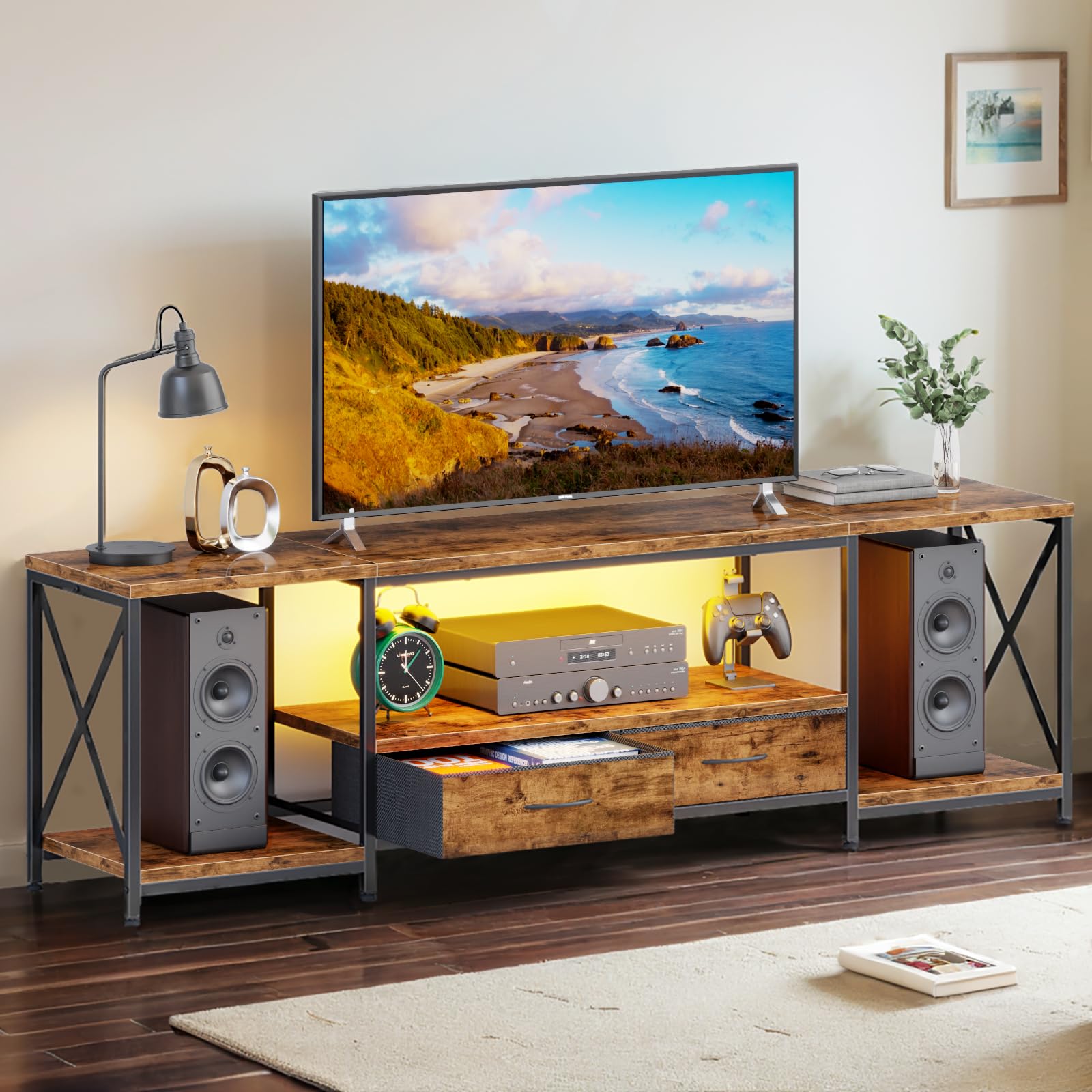 DSAFGGYLED TV Stand with 2 Fabric Drawers for 65 60 55 Inch TV, Entertainment Center TV Stands for Living Room, Bedroom, TV Media Console Table with Storage Shelves, 55" Rustic Brown