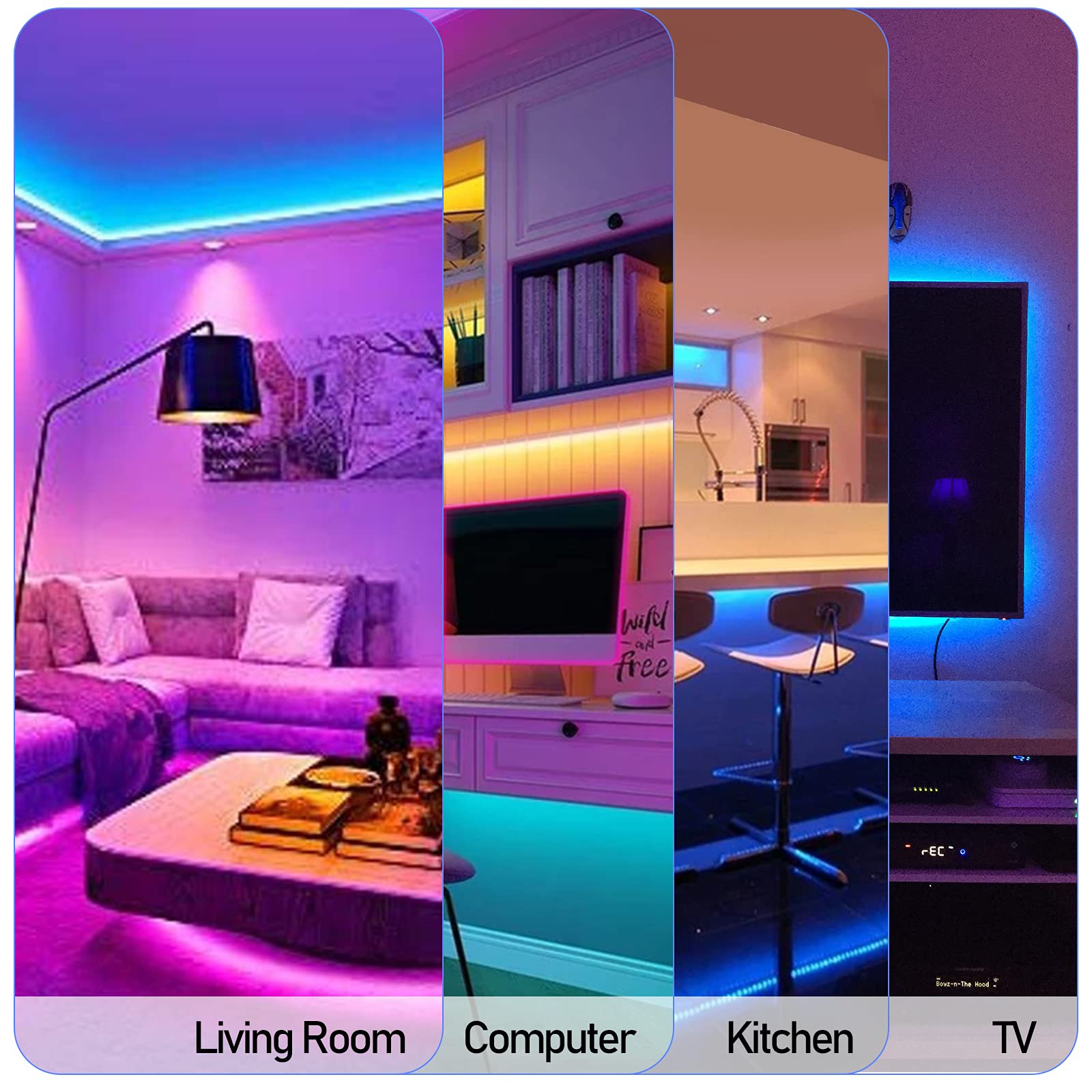 Taśma LED RGB, 20 m, 5050 diod LED, samoprzylepna, możliwość ściemniania, 12 V, z pilotem zdalnego sterowania z 24 przyciskami i zasilaczem, 15 kolorów i 4 trybami, do kuchni, sypialni, na
