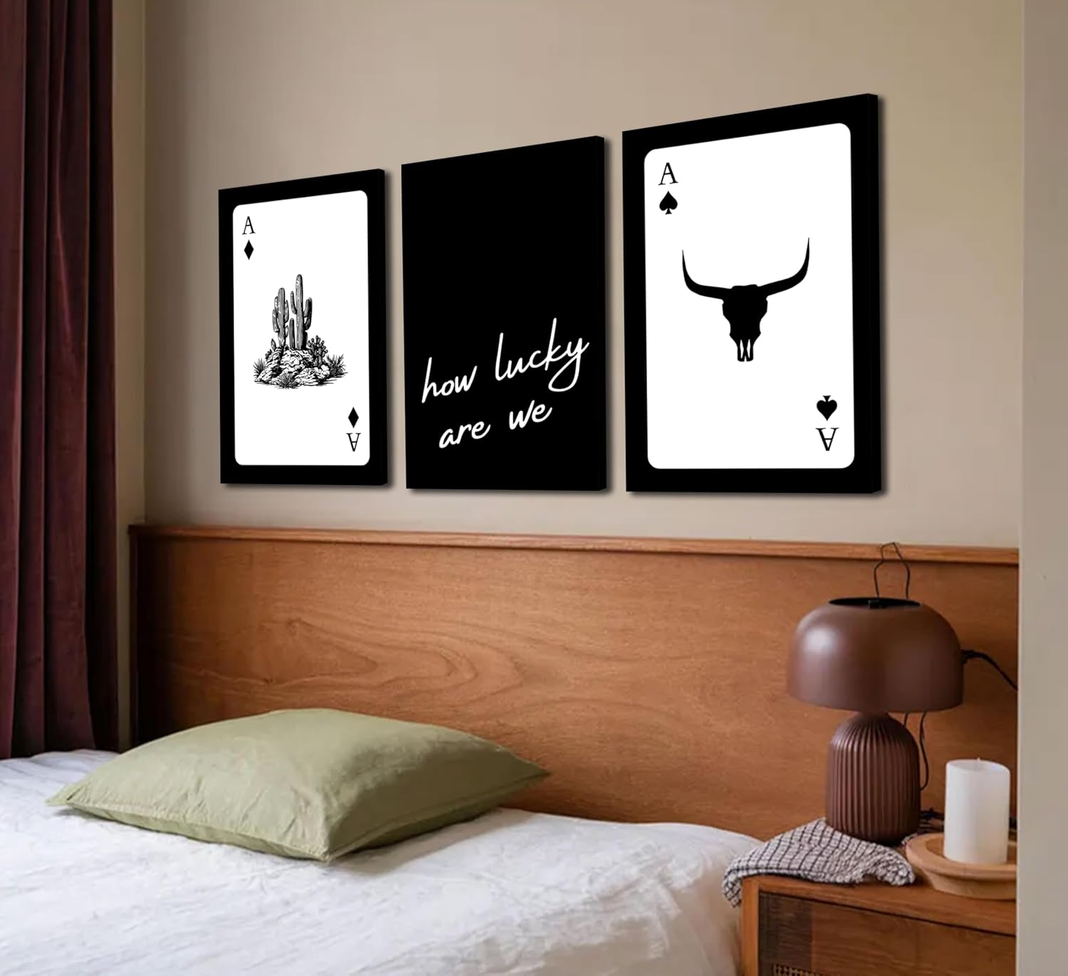 3Pcs Black and White Western Canvas Wall Art Country Southwest Poster Vintage Poker Ace Picture Cactus Bull Skull and How Lucky We Are Painting for Bedroom Living Room 12x16in Framed