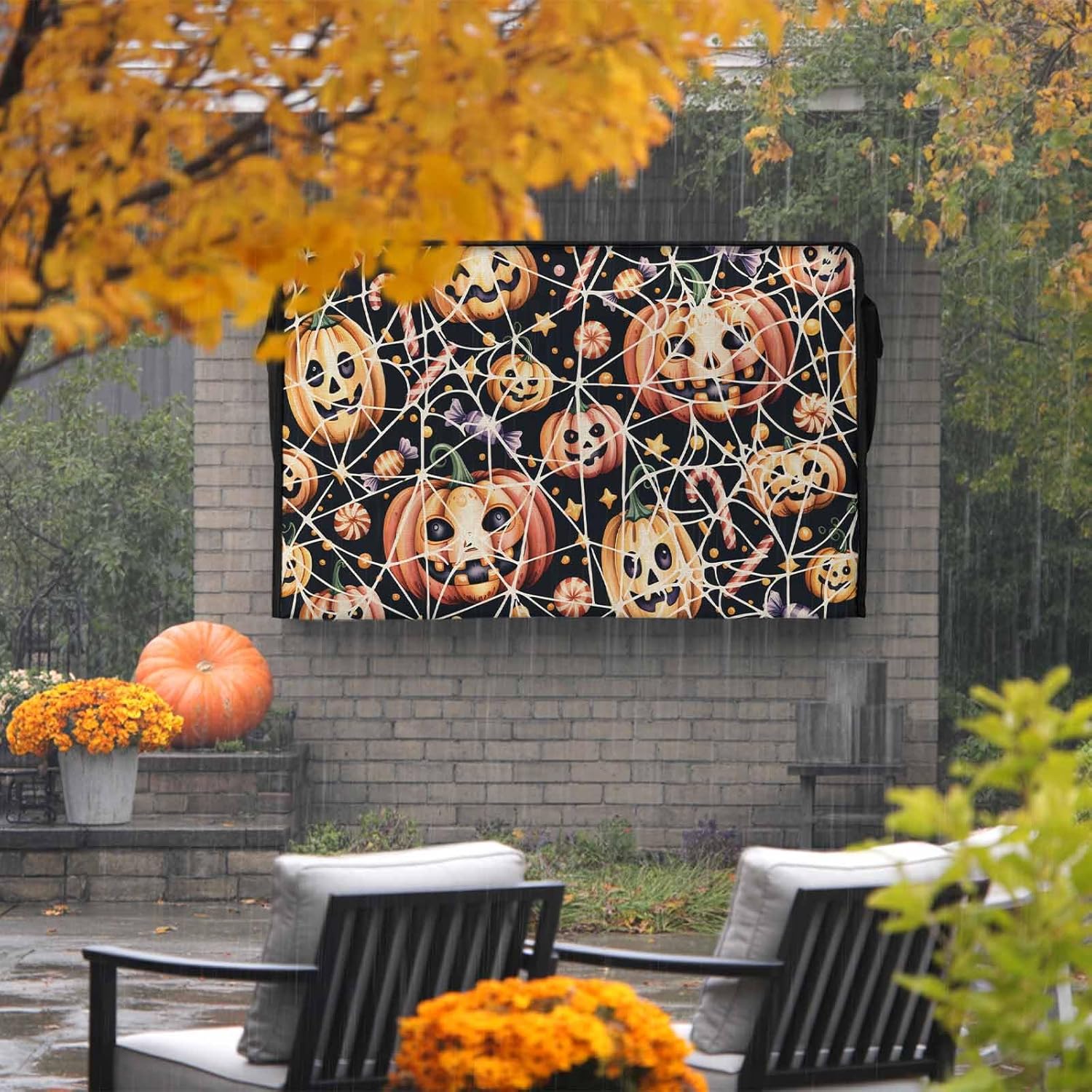 Halloween Outdoor TV Cover 75 Inch Grimace Pumpkin TV Enclosure Candy Cobwebs TV Covers for Outside TV Display Screen Protector with Remote Control Pocket Home Fall Decor