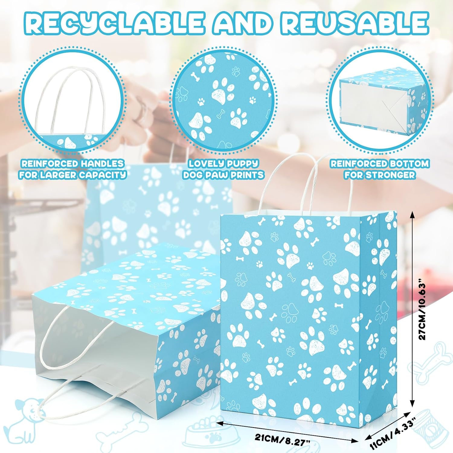 Locmeo 50 Pack Dog Paw Kraft Paper Gift Bags with Handles, Blue image 2